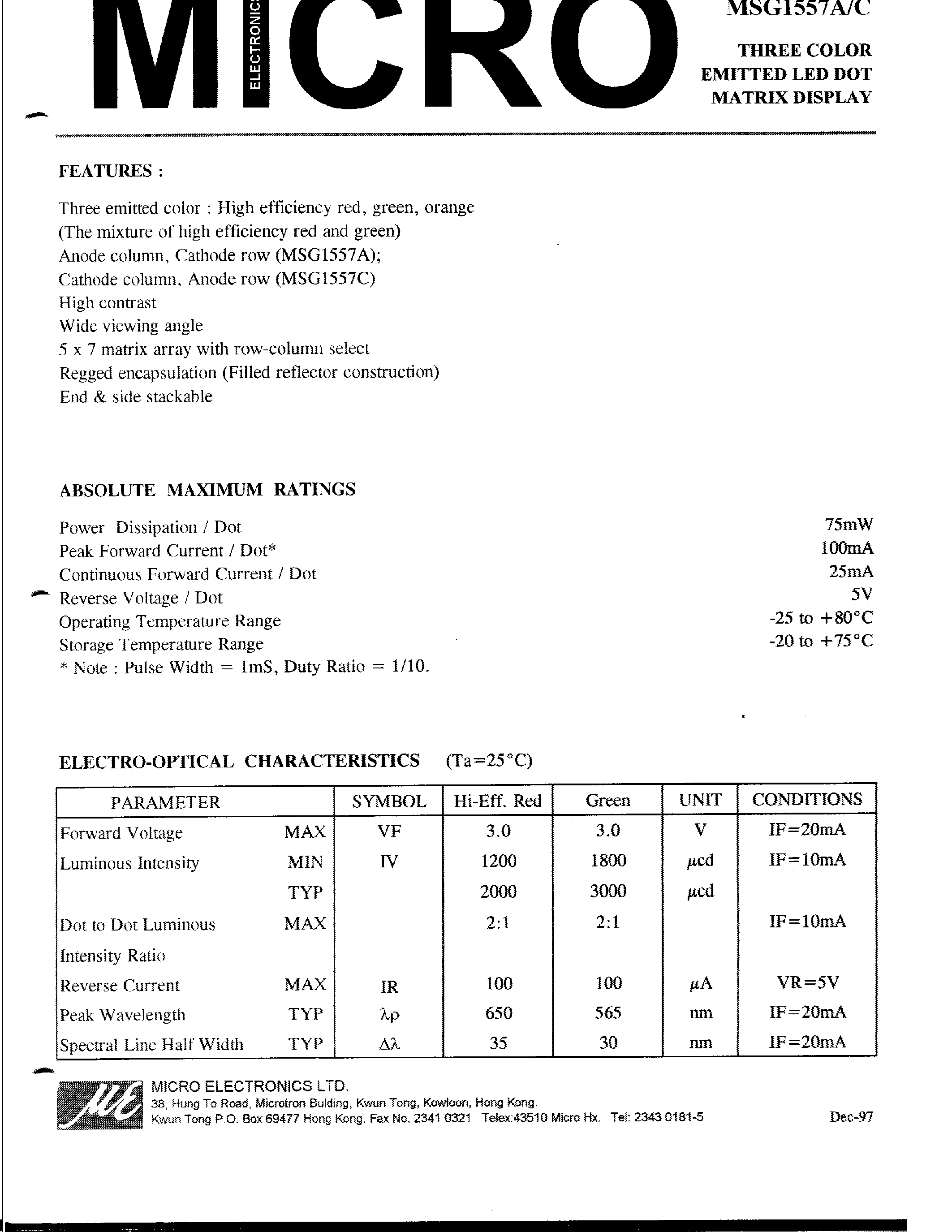 Datasheet MSG1557A - (MSG1557A/C) THREE COLOR EMITTED LED DOT MATRIX DISPLAY page 1