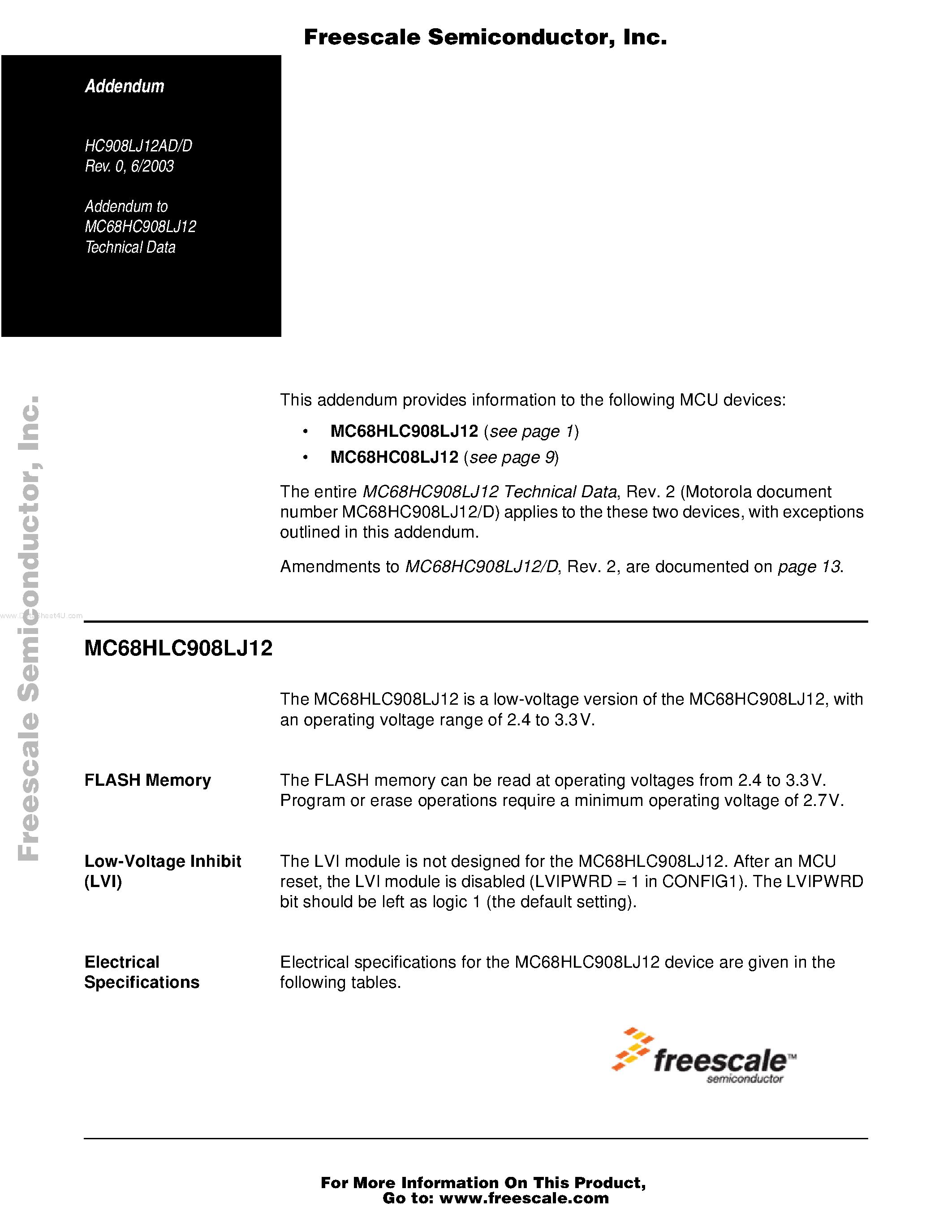 Datasheet MC68HC08LJ12 - low-voltage version of the MC68HC908LJ12 page 1