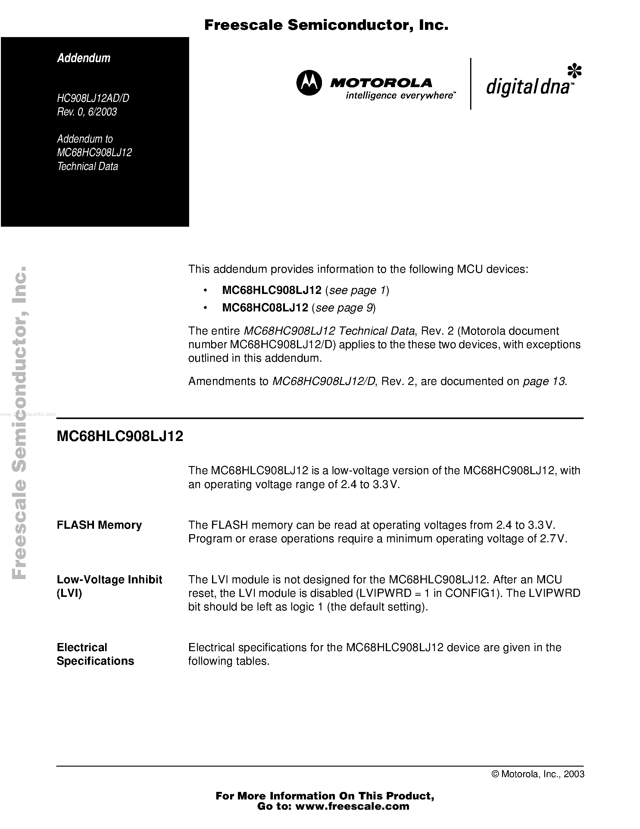 Даташит MC68HLC908LJ12 - Addendum to MC68HC908LJ12 страница 1