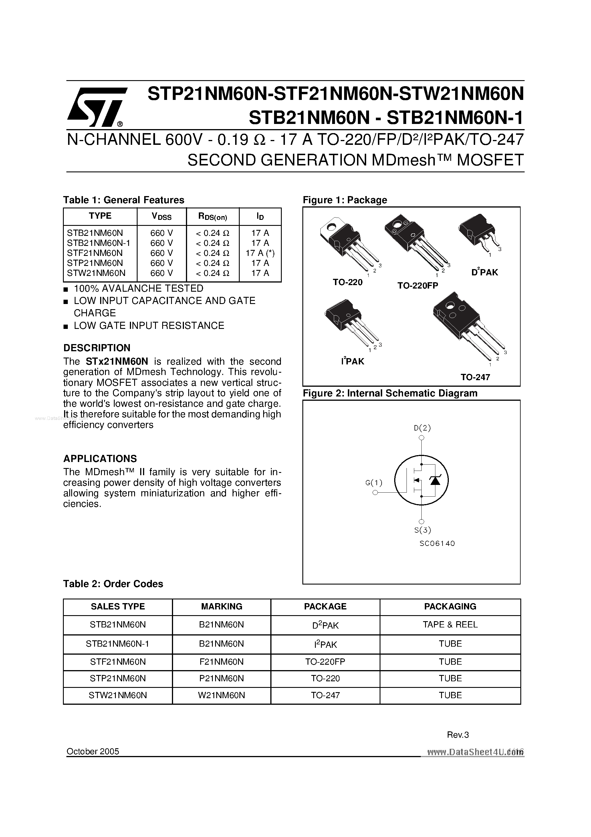 Даташит STP21NM60N - N-CHANNEL MOSFET страница 1