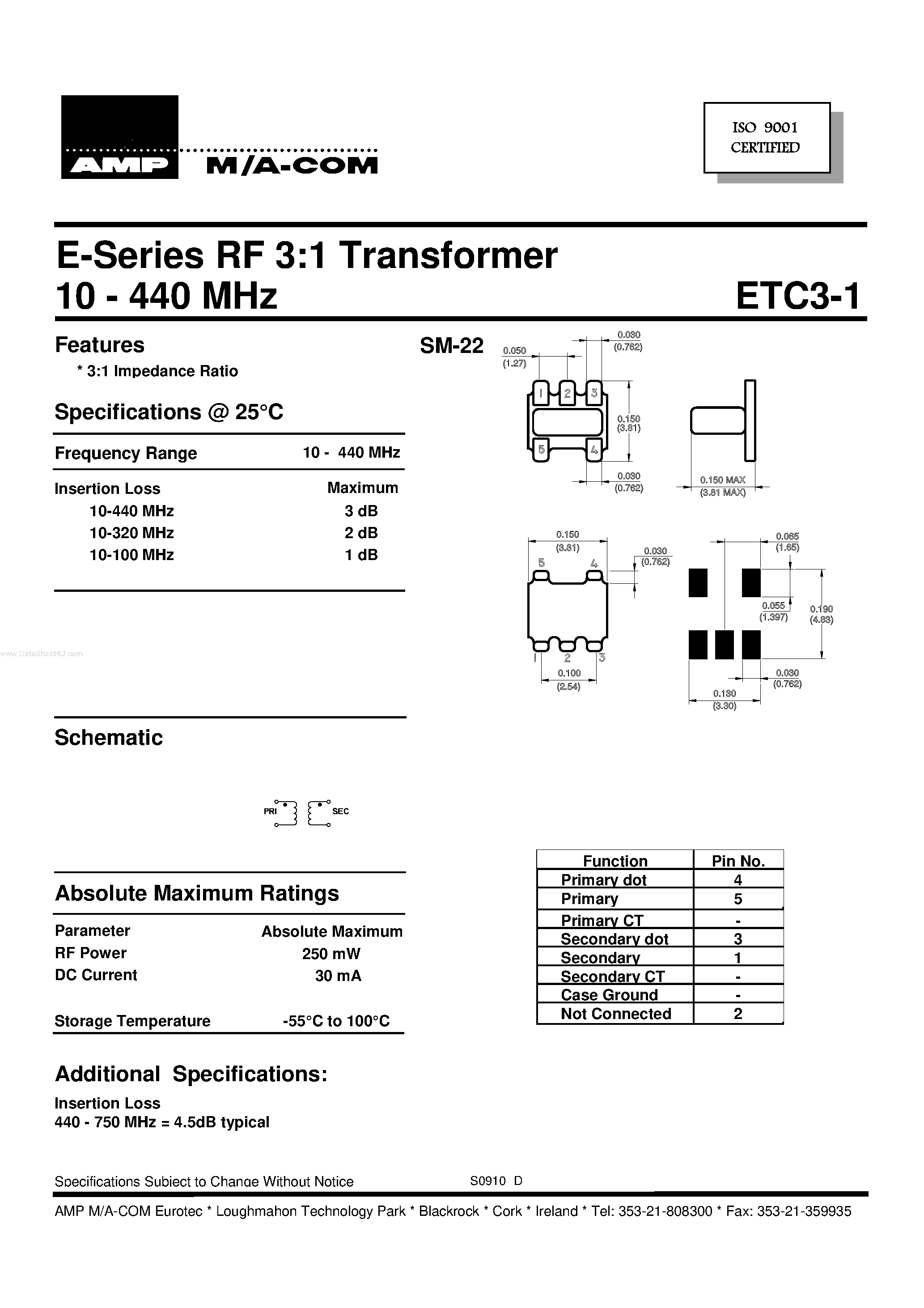 Datasheet ETC3-1 - E-Series RF 3:1 Transformer page 1