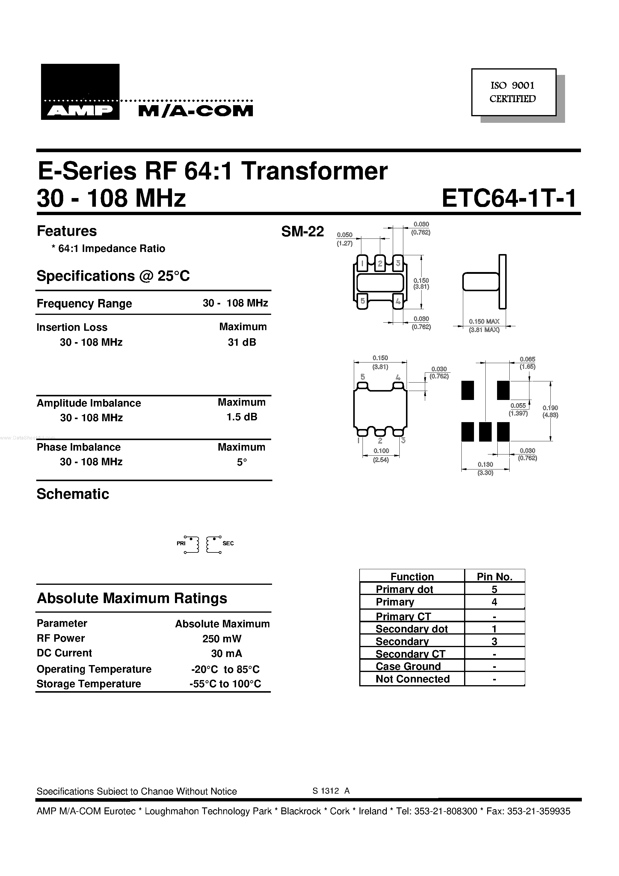 Datasheet ETC64-1T-1 - E-Series RF 64:1Transformer page 1