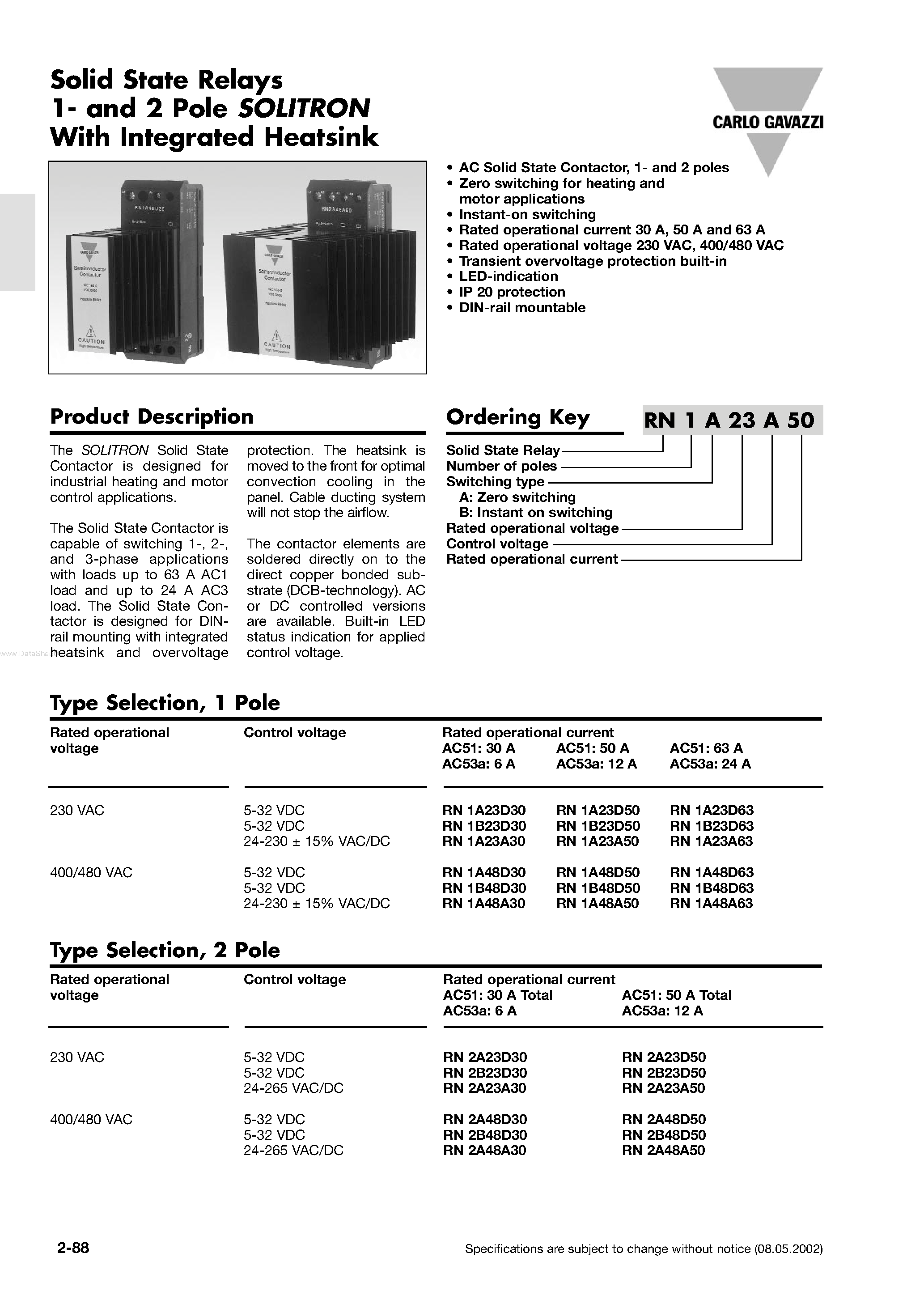 Даташит RN1Axxxx - Solid State Relays 1- and 2 Pole SOLITRON страница 1