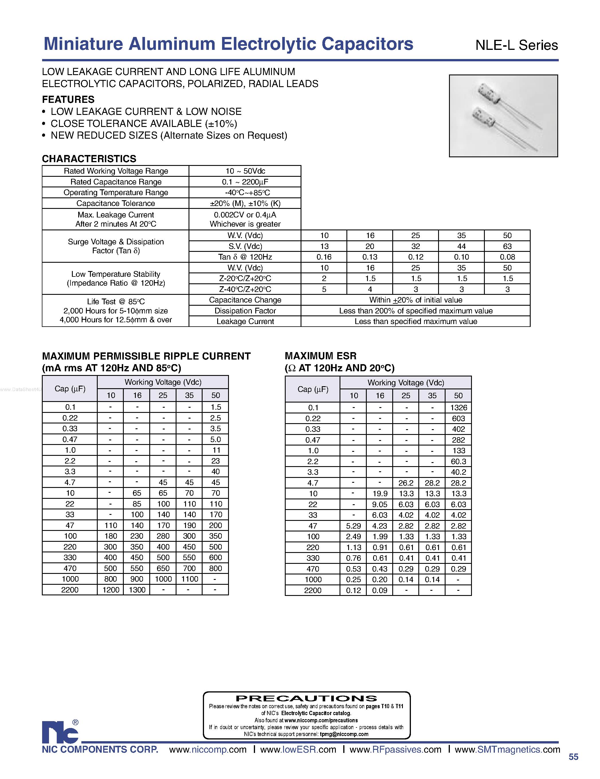 Datasheet NLE-L - Miniature Aluminum Electrolytic Capacitors page 1