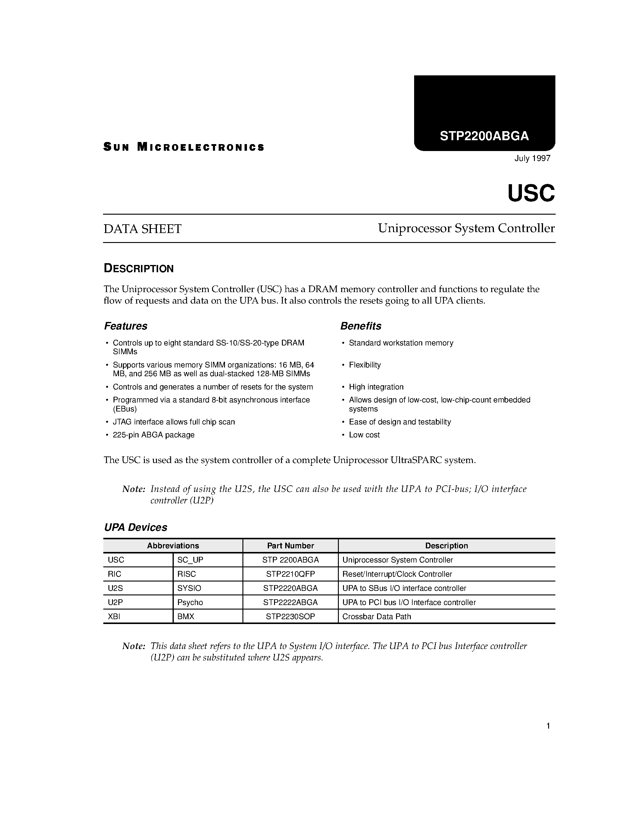 Даташит STP2200ABGA - Uniprocessor System Controller страница 1