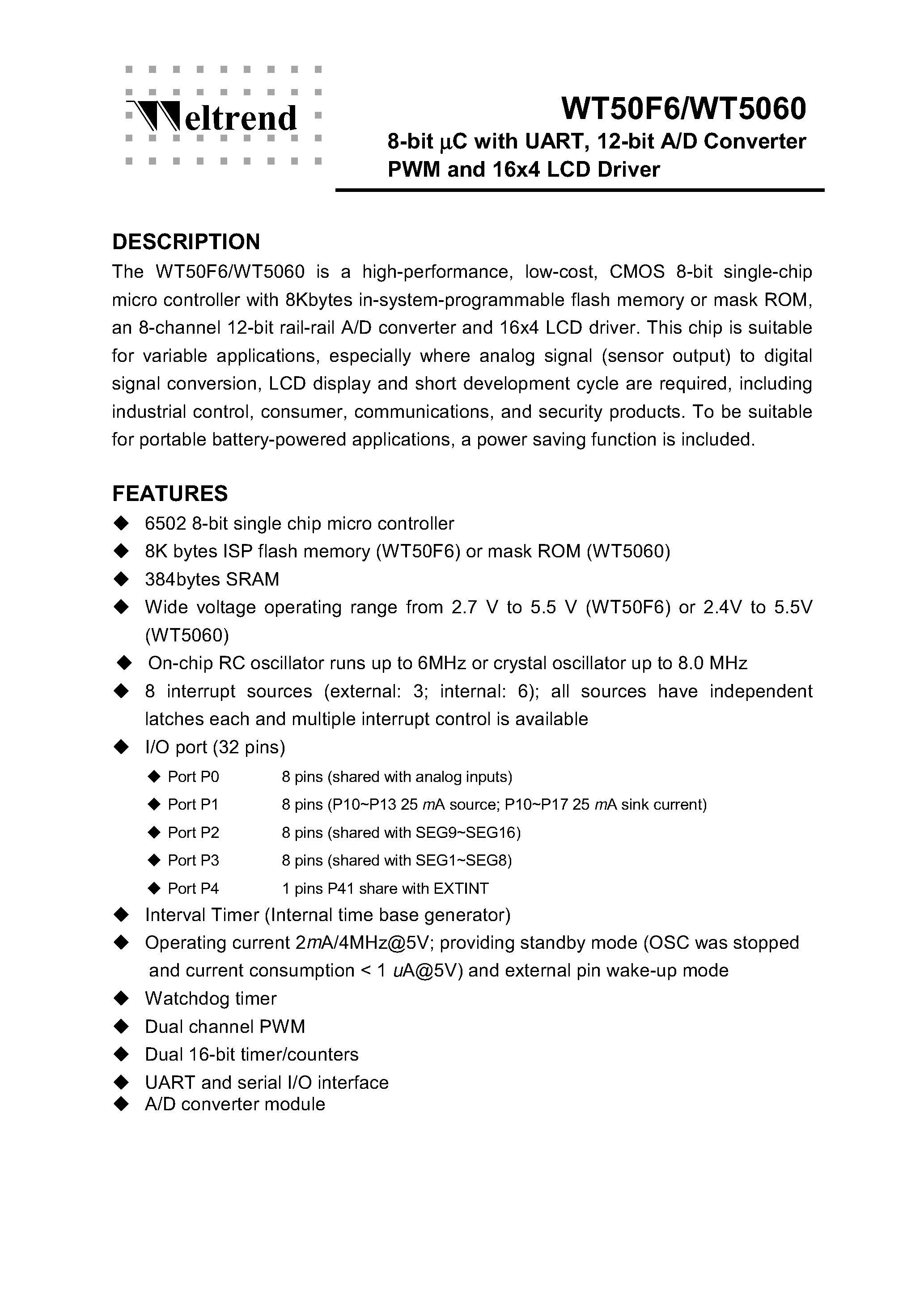 Даташит WT5060 - (WT5060 / WT50F6) 8-bit uC страница 2