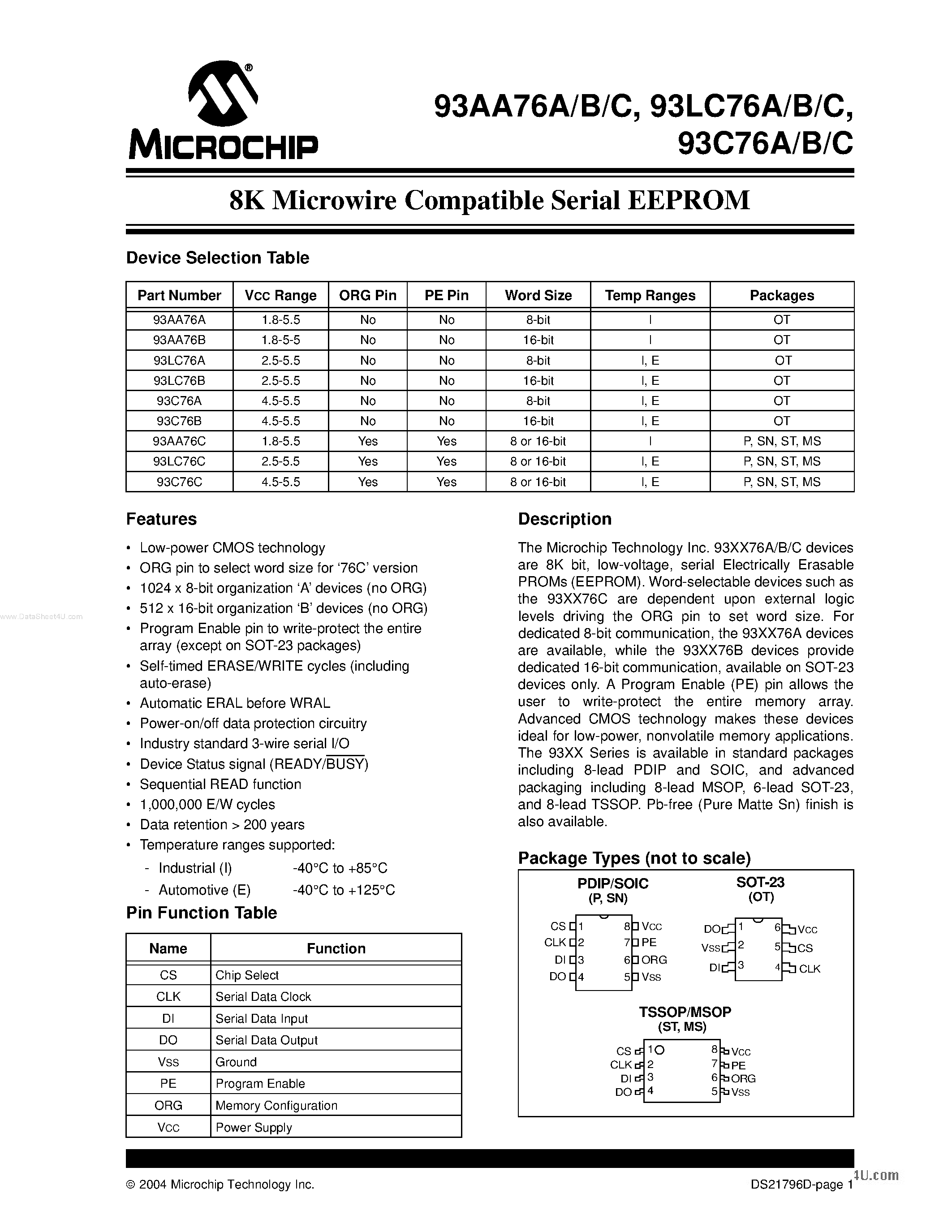 Datasheet 93AA76A - (93AA76A/B/C) 8K Microwire Compatible Serial EEPROM page 1