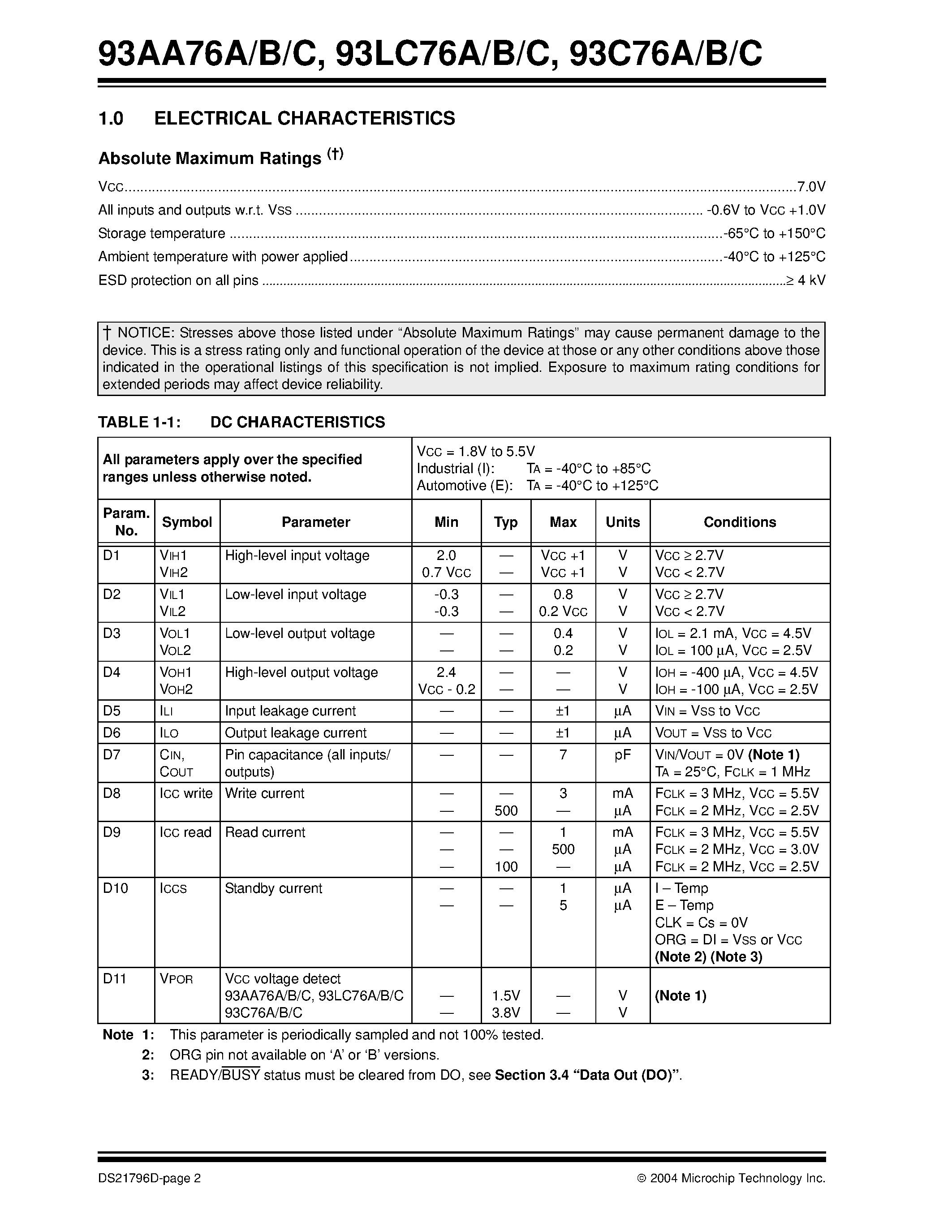 Datasheet 93AA76A - (93AA76A/B/C) 8K Microwire Compatible Serial EEPROM page 2