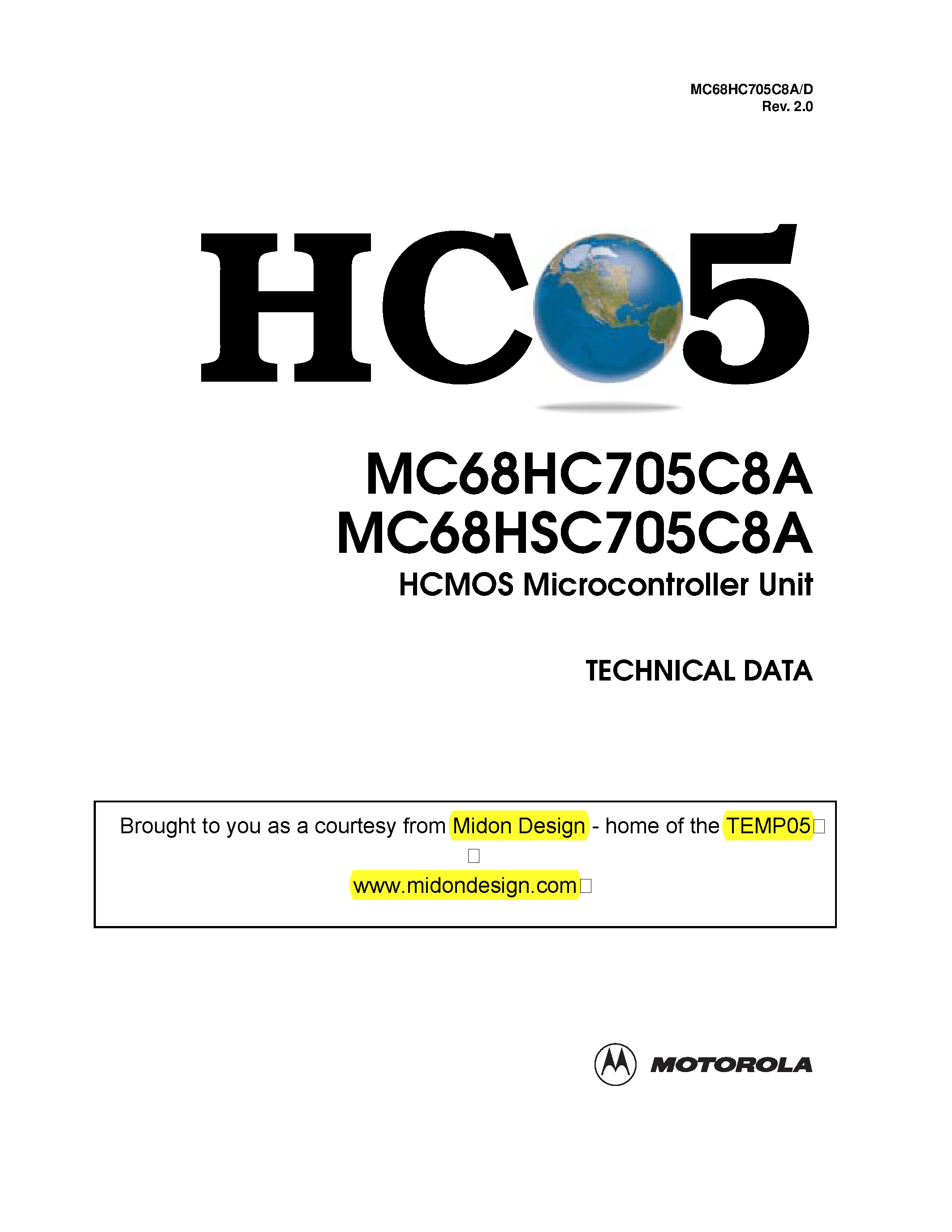 Даташит MC68HC705C8A - HCMOS Microcontroller Unit страница 1