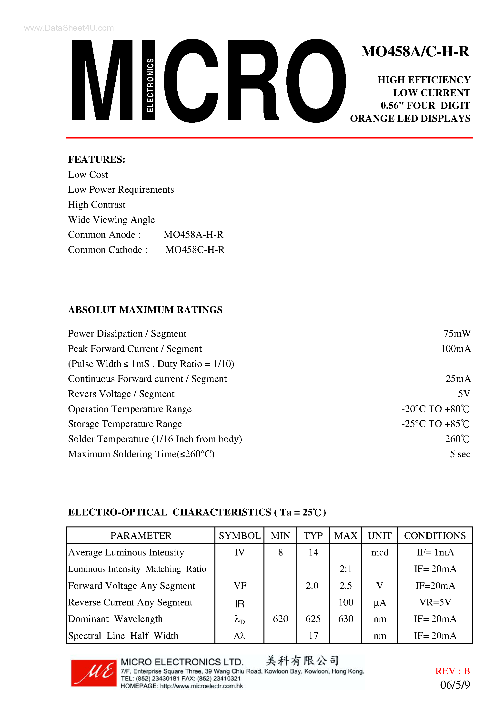 Даташит MO458A-H-R - FOUR DIGIT ORANGE LED DISPLAYS страница 1
