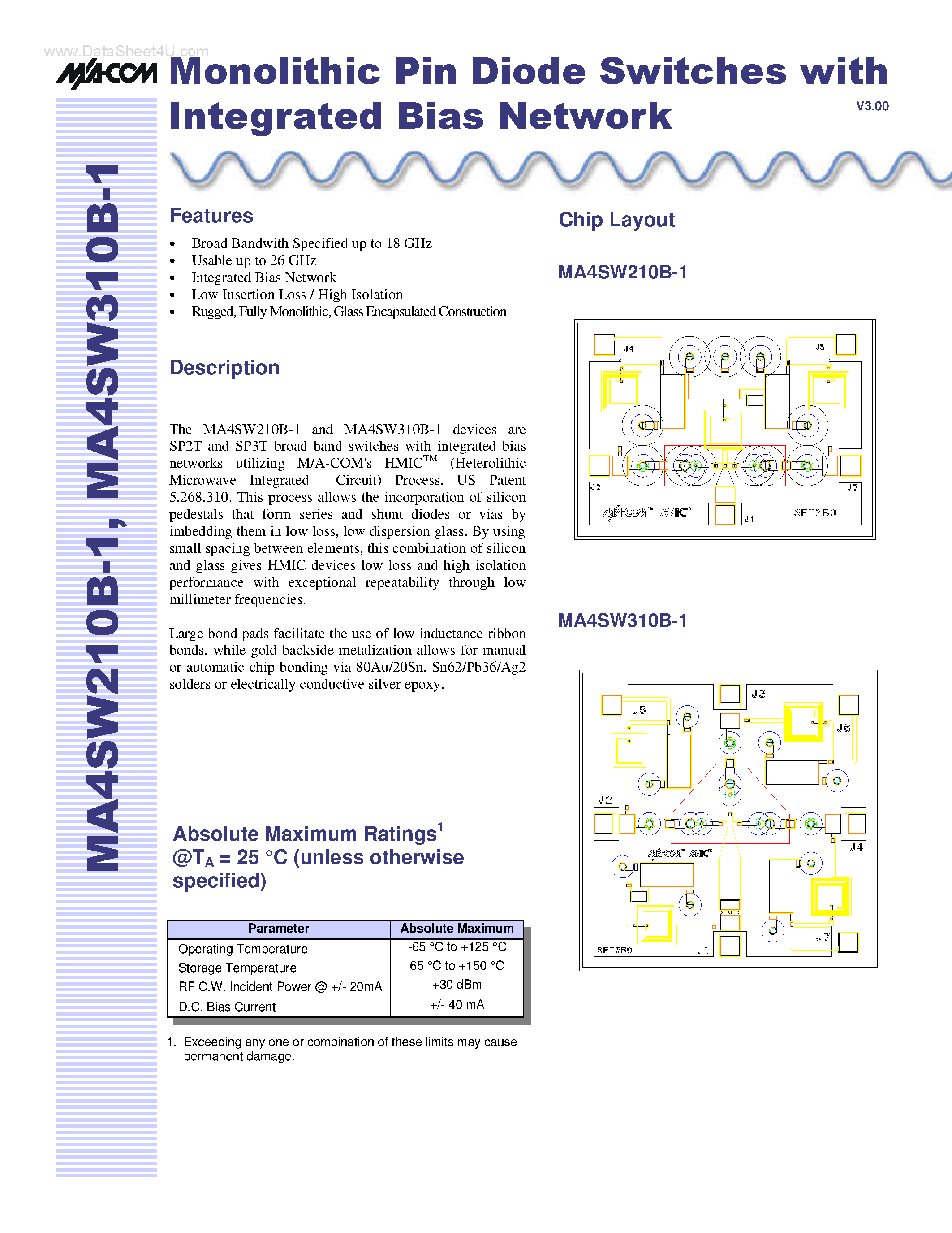 Даташит MA4SW210B-1 - (MA4SW210B-1 / MA4SW310B-1) Monolithic Pin Diode Switches страница 1