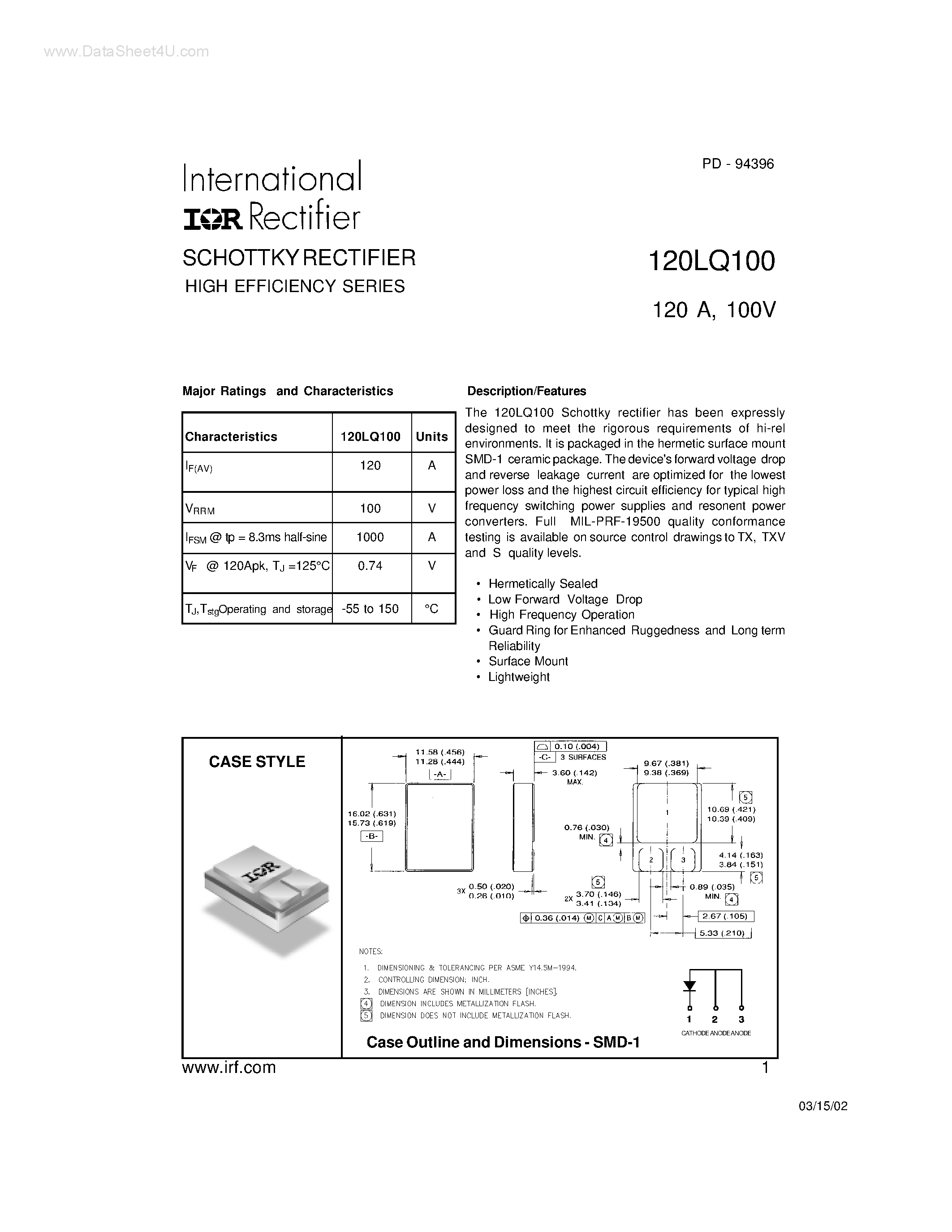 Datasheet 120LQ100 - SCHOTTKY RECTIFIER HIGH EFFICIENCY SERIES page 1