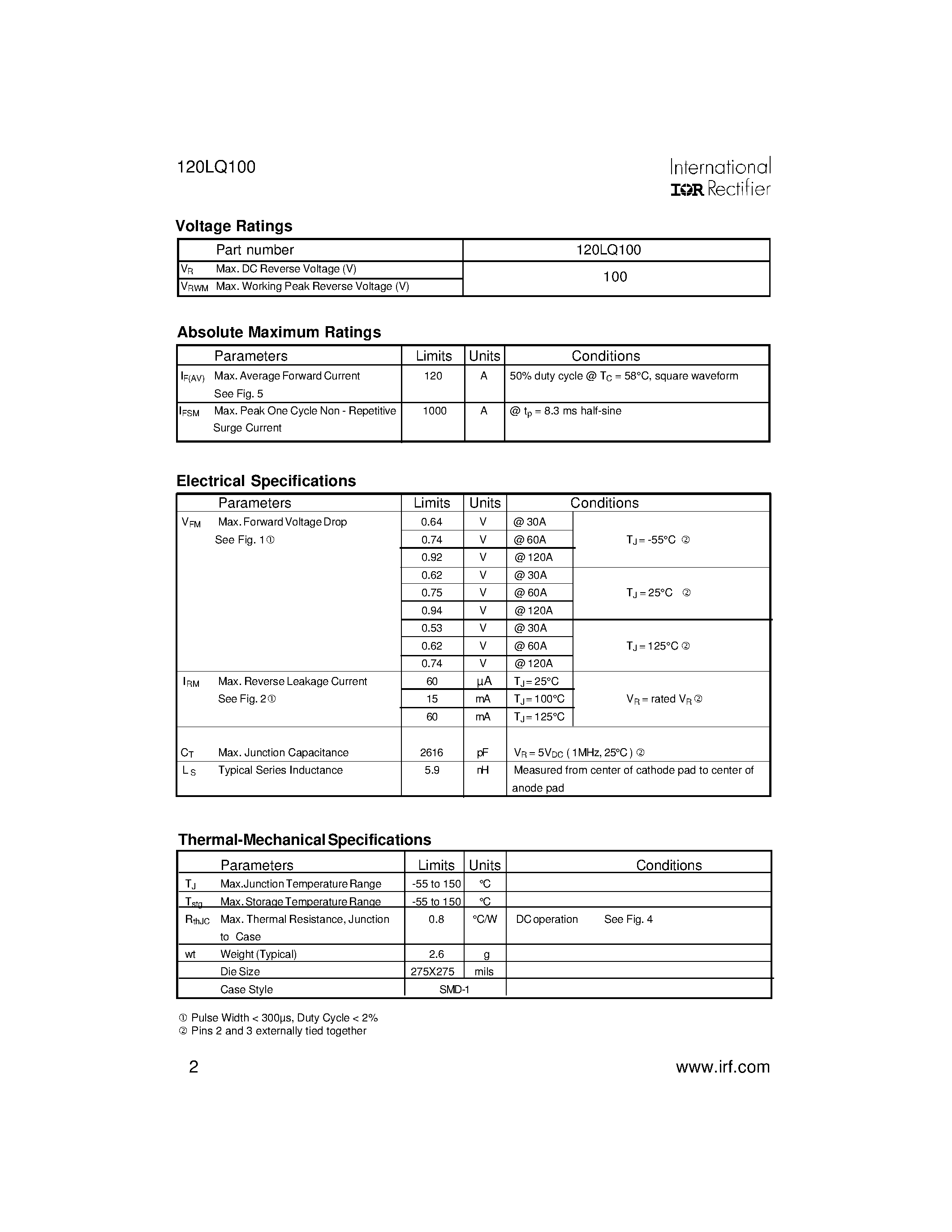 Datasheet 120LQ100 - SCHOTTKY RECTIFIER HIGH EFFICIENCY SERIES page 2