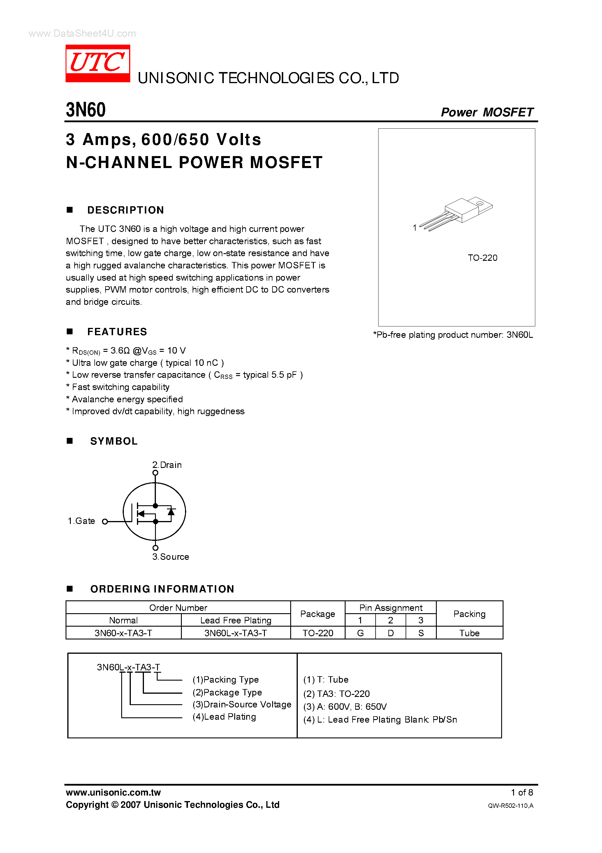 Даташит 3N60 - N-CHANNEL POWER MOSFET страница 1