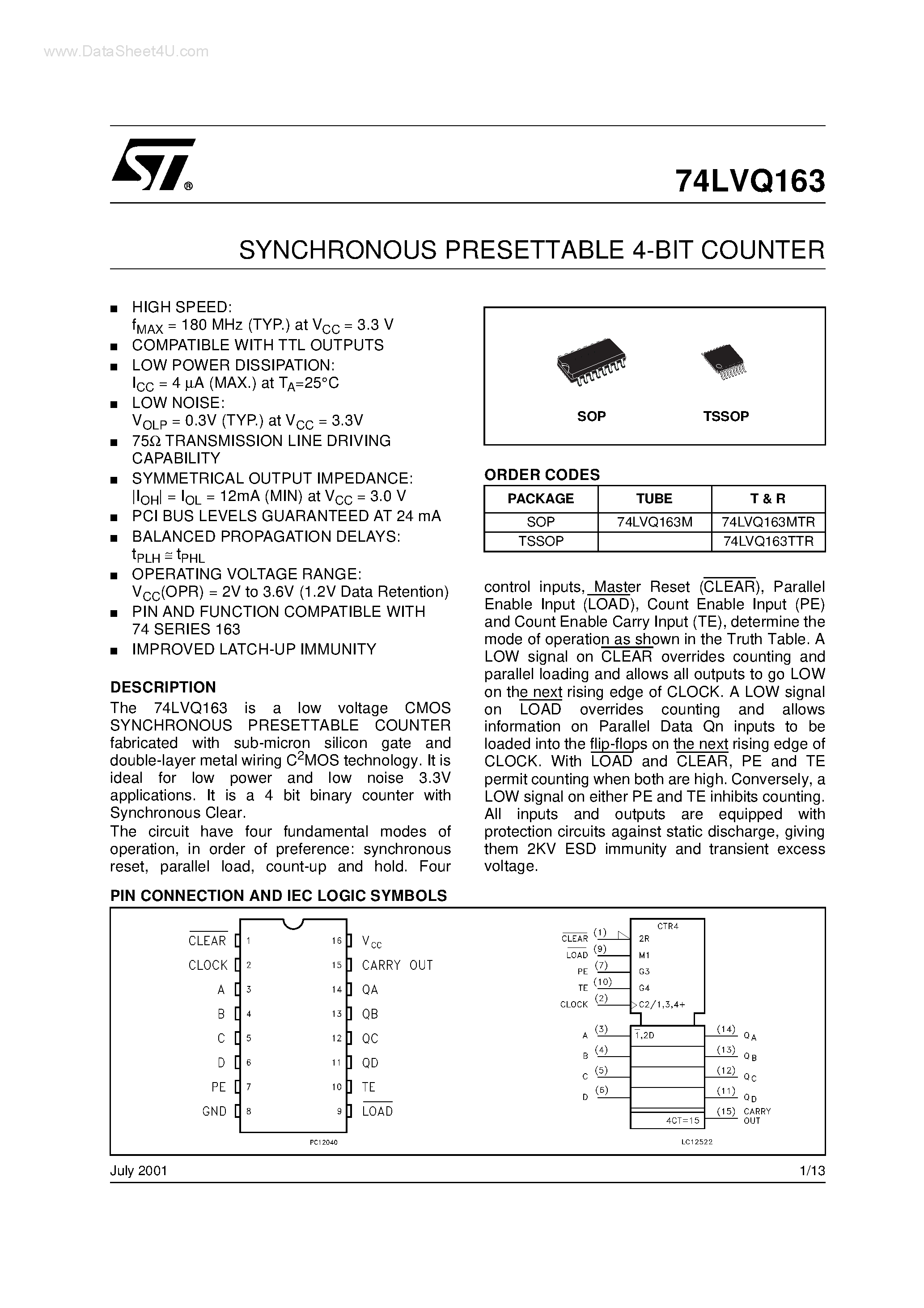 Datasheet 74LVQ163 - SYNCHRONOUS PRESETTABLE 4-BIT COUNTER page 1