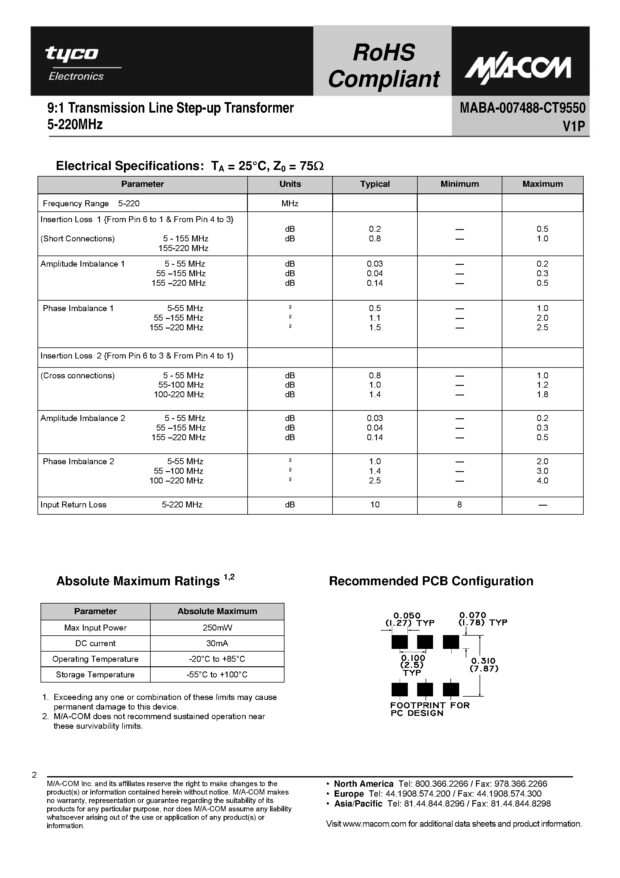 Даташит MABA-007488-CT9550 - 9:1 Transmission Line Step-up Transformer страница 2