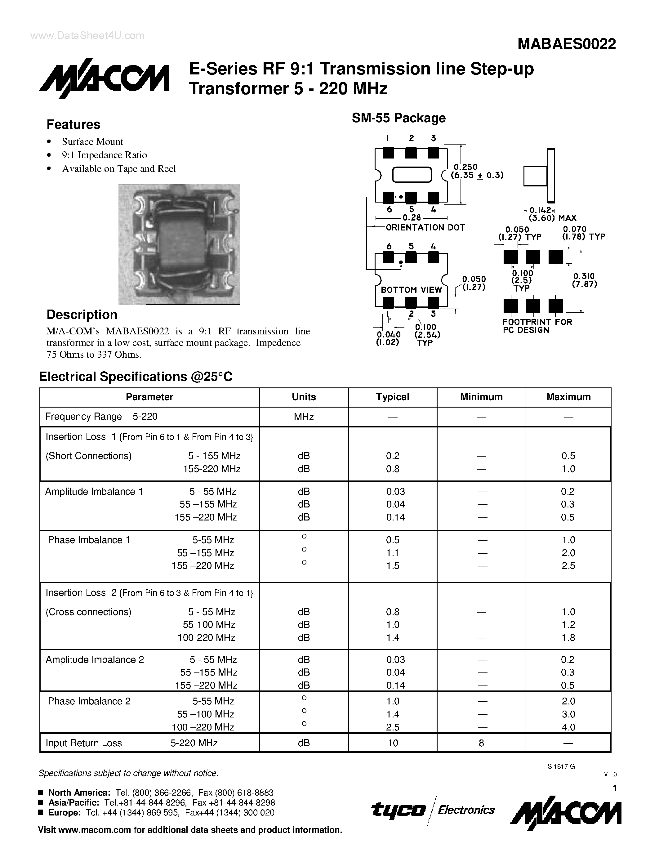 Даташит MABAES0022 - E-Series RF 9:1 Transmission line Step-up Transformer страница 1