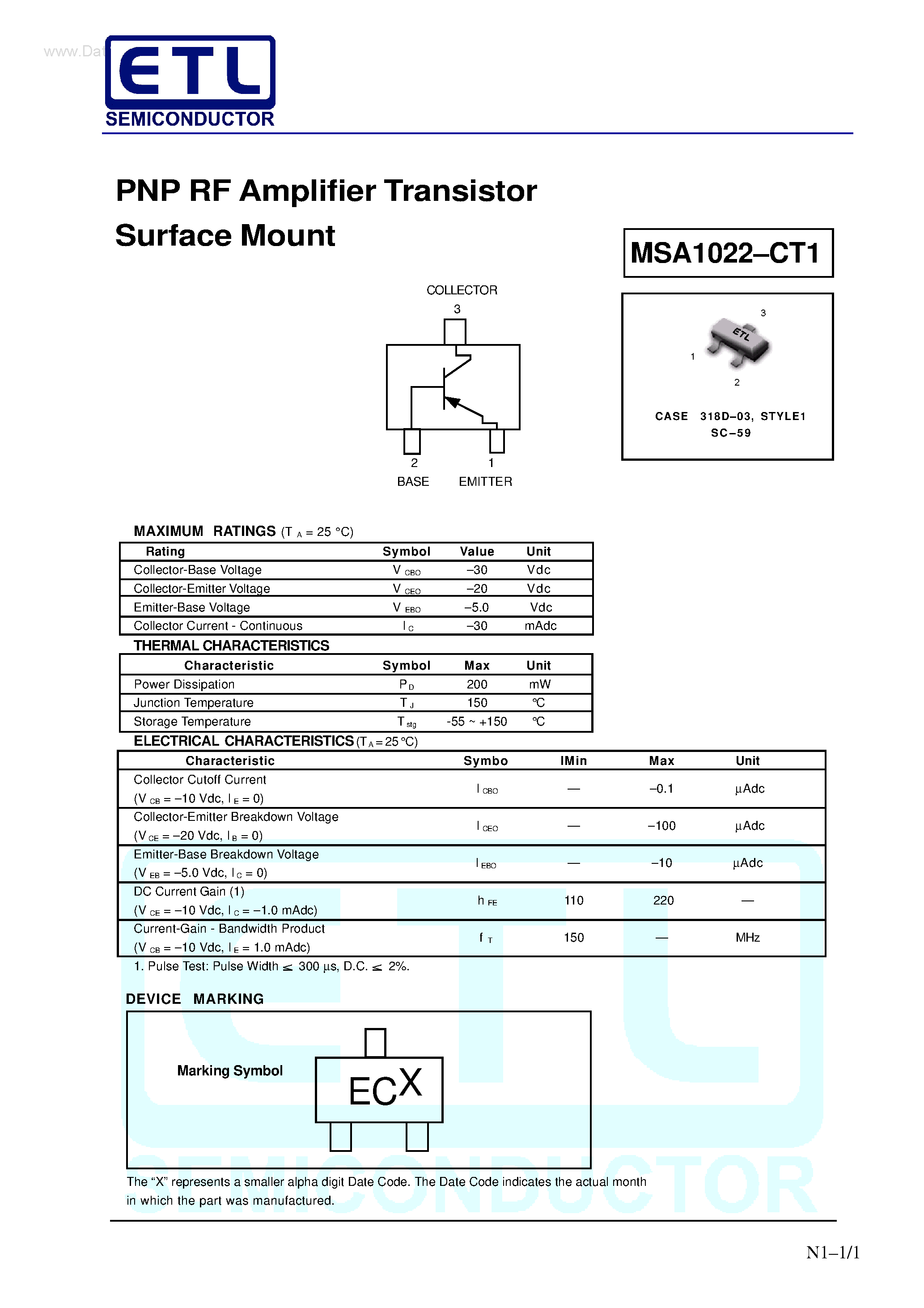 Datasheet MSA1022-CT1 - PNP RF Amplifier Transistor Surface Mount page 1