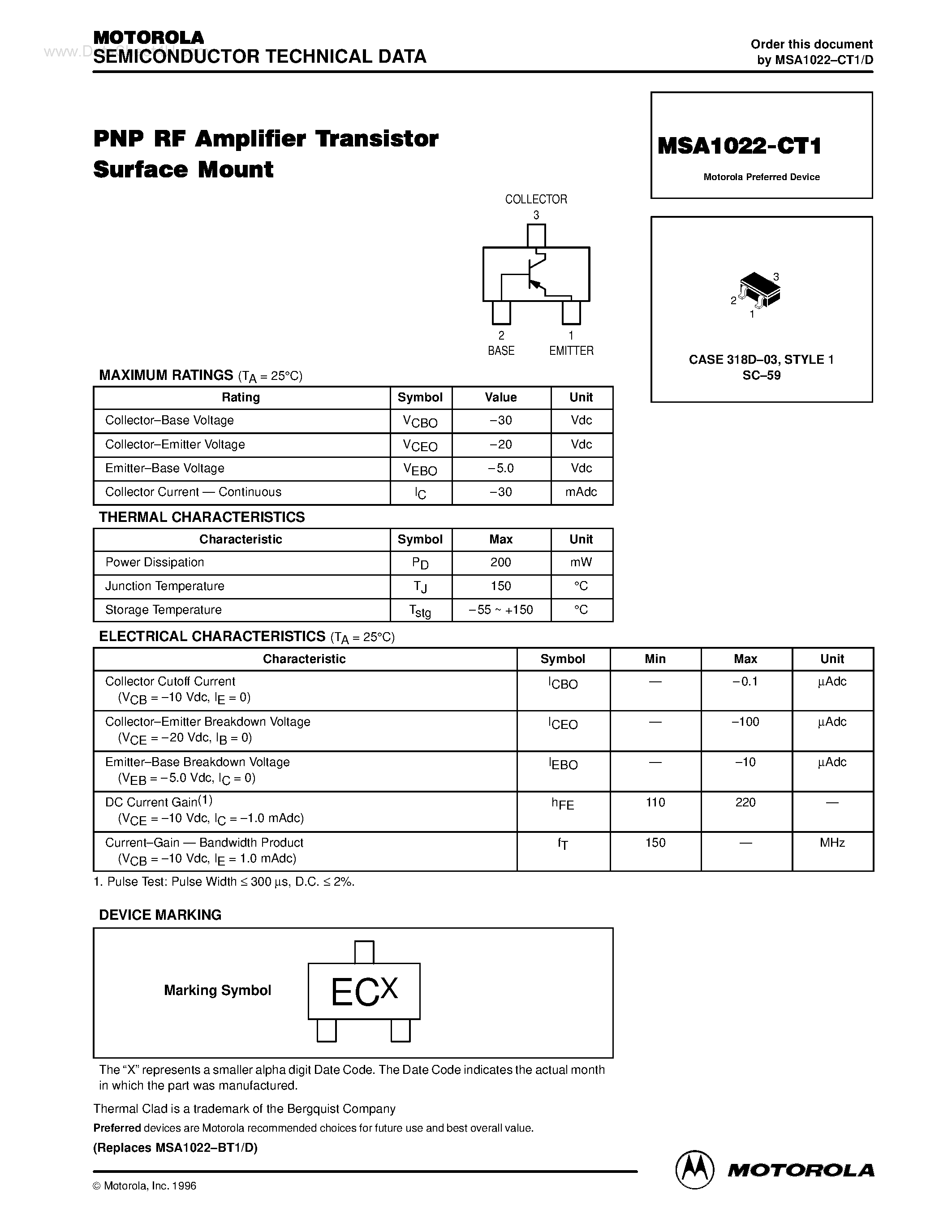 Datasheet MSA1022-CT1 - PNP RF Amplifier Transistor Surface Mount page 1