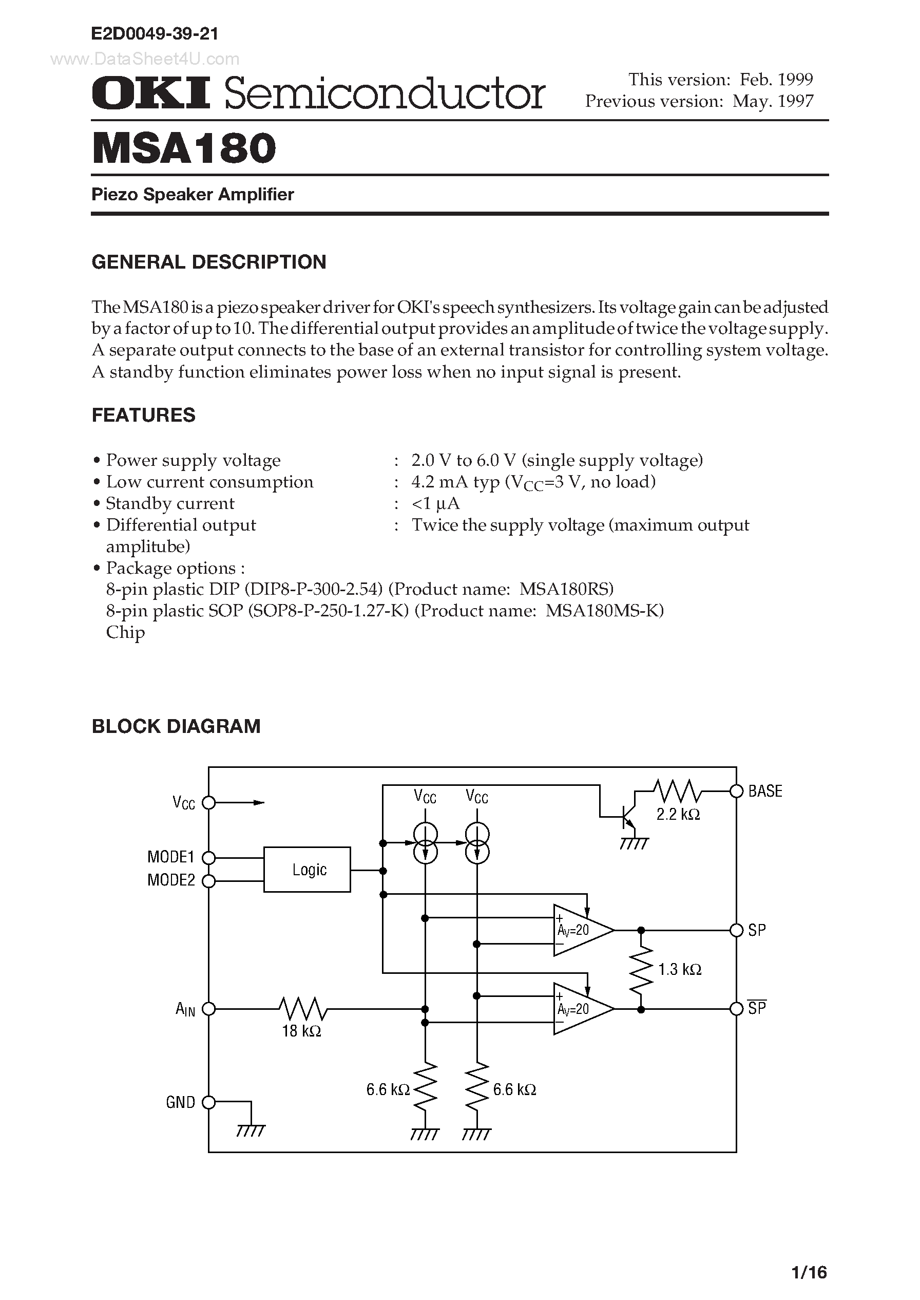 Datasheet MSA180 - Piezo Speaker Amplifier page 1