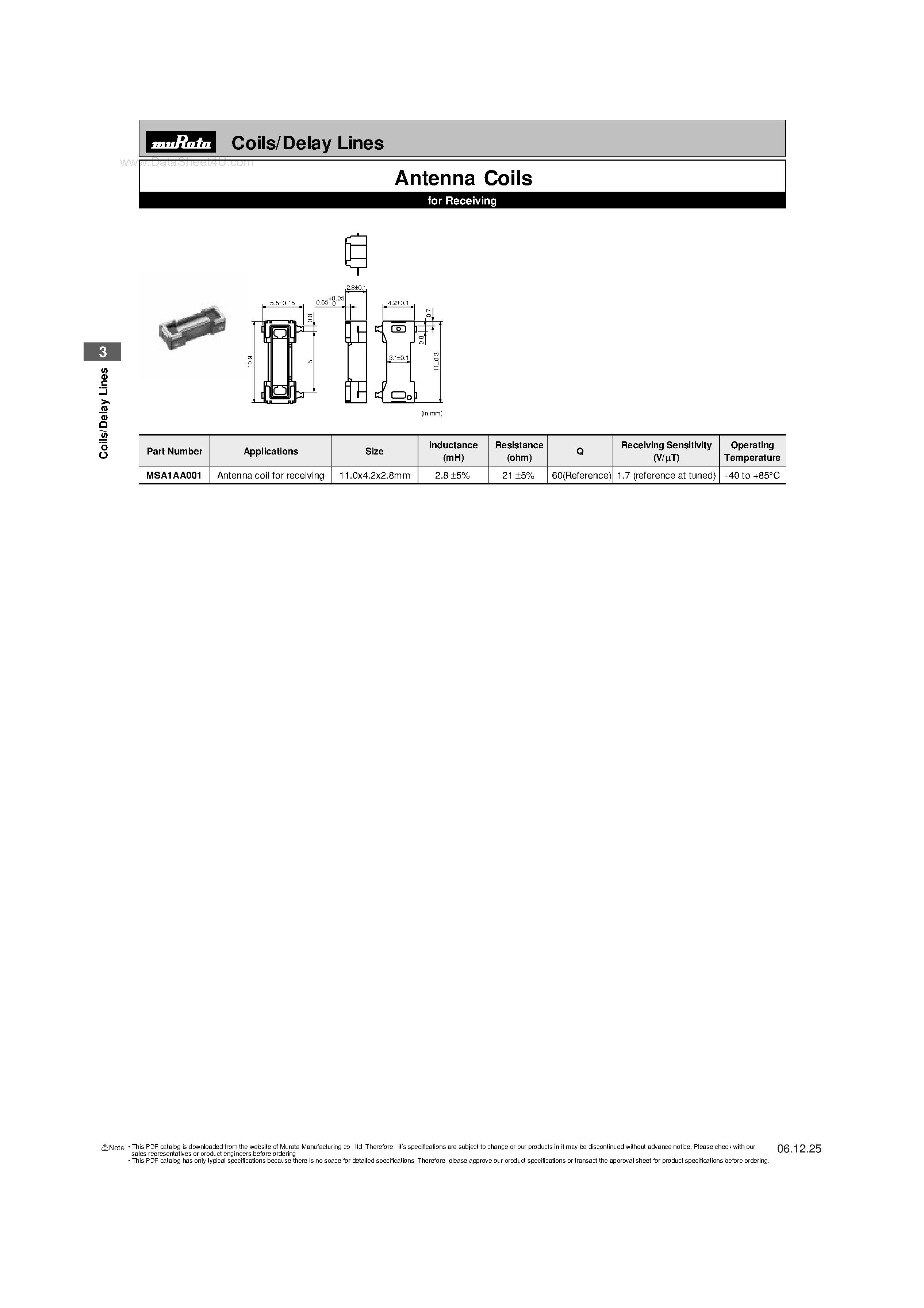 Datasheet MSA1AA001 - Coils/Delay Lines page 1