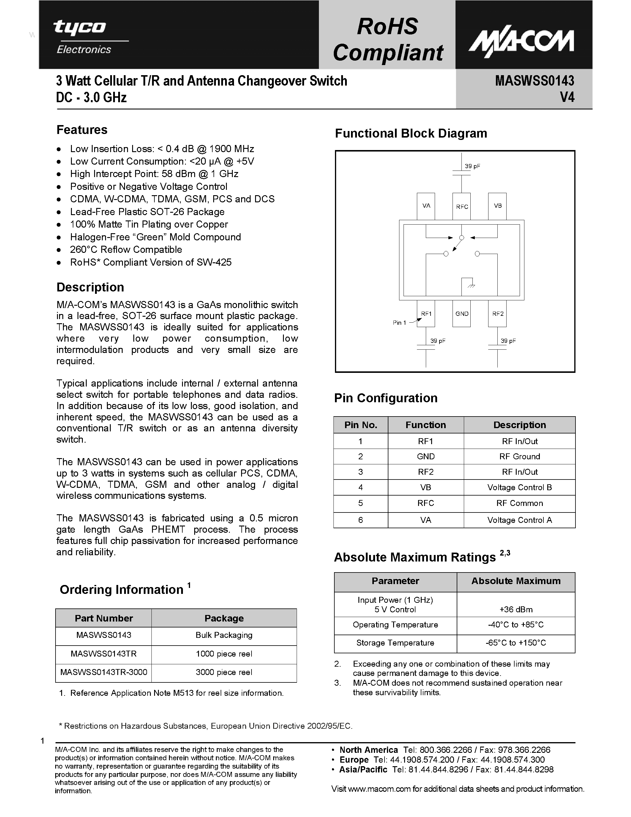 Datasheet MASWSS0143 - 3 Watt Cellular T/R and Antenna Changeover Switch page 1