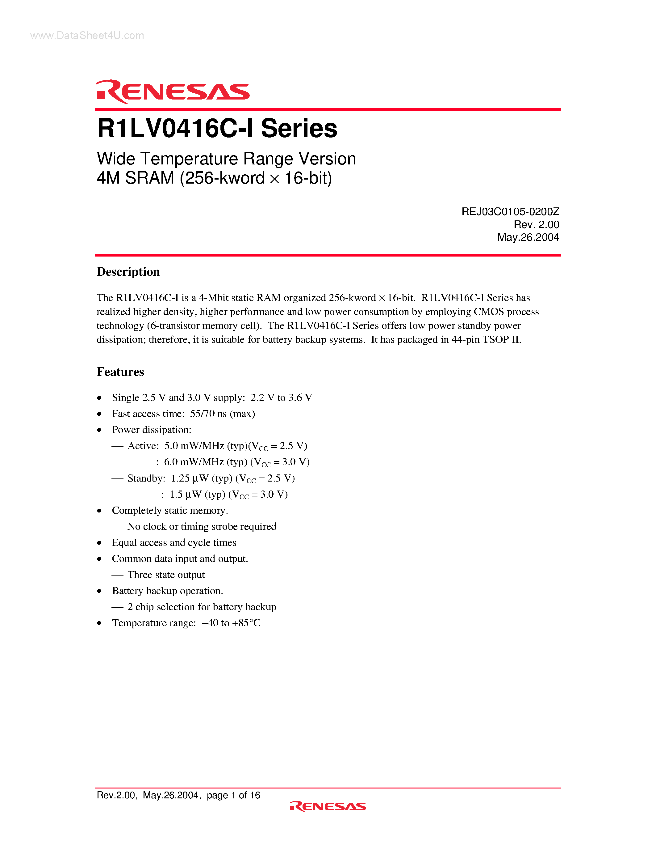 Datasheet R1LV0416C-I - Wide Temperature Range Version 4M SRAM page 1