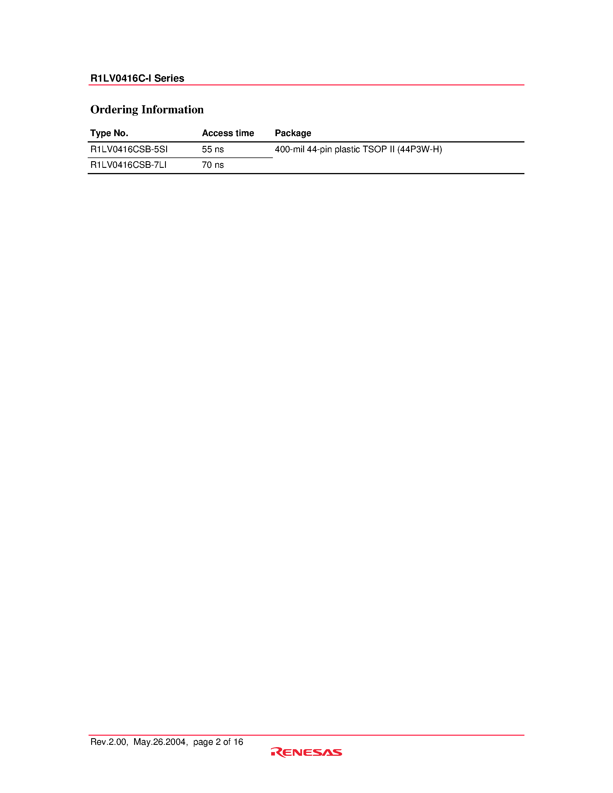 Datasheet R1LV0416C-I - Wide Temperature Range Version 4M SRAM page 2