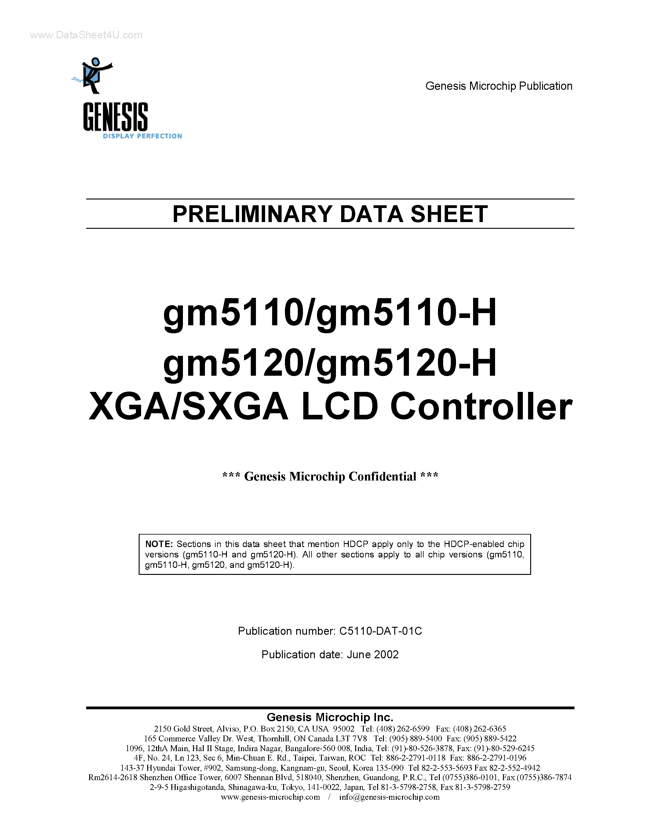 Даташит GM5110 - (GM5110 / GM5120) XGA/SXGA LCD Controller страница 1