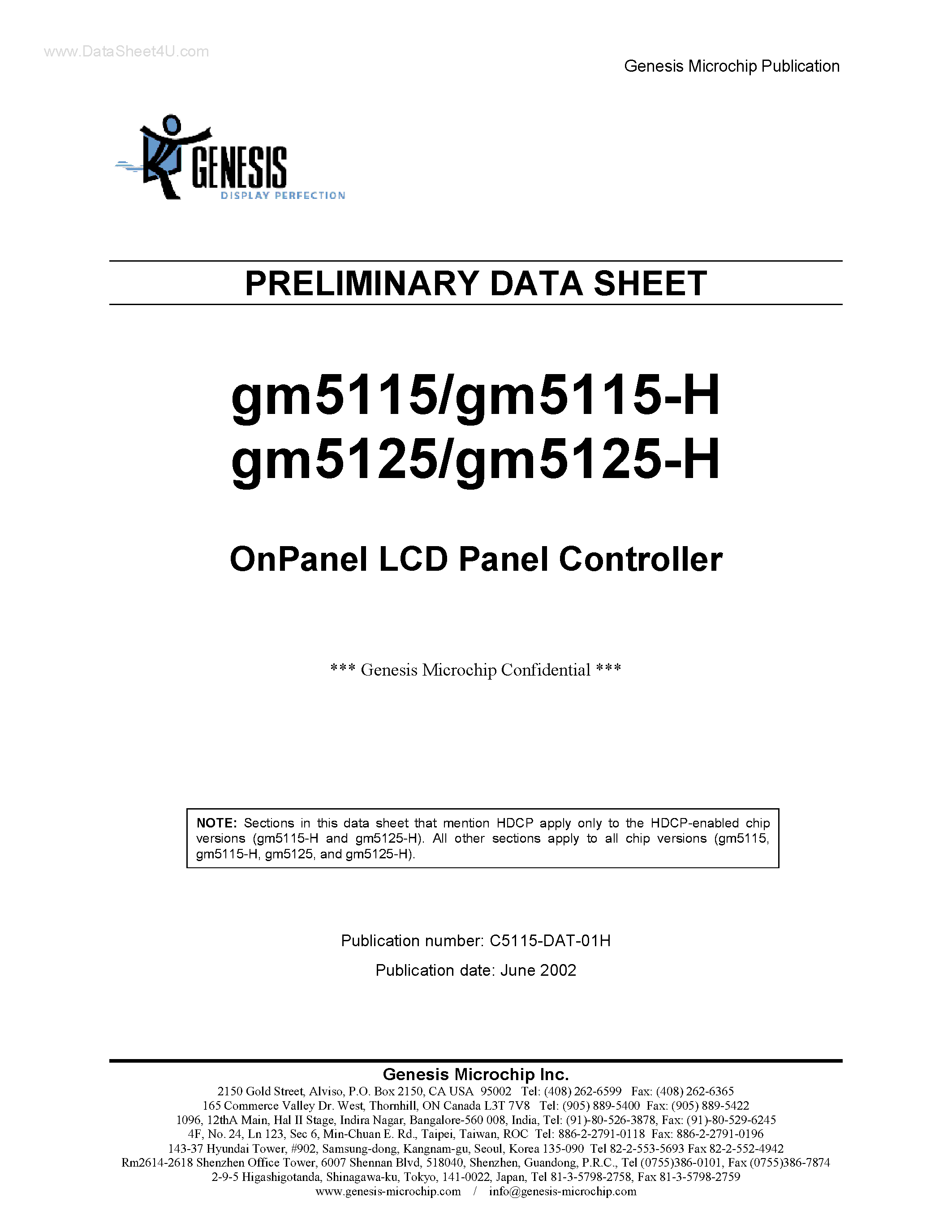 Даташит GM5115 - (GM5115 / GM5125) ONPANEL LCD PANEL CONTROLLER страница 1