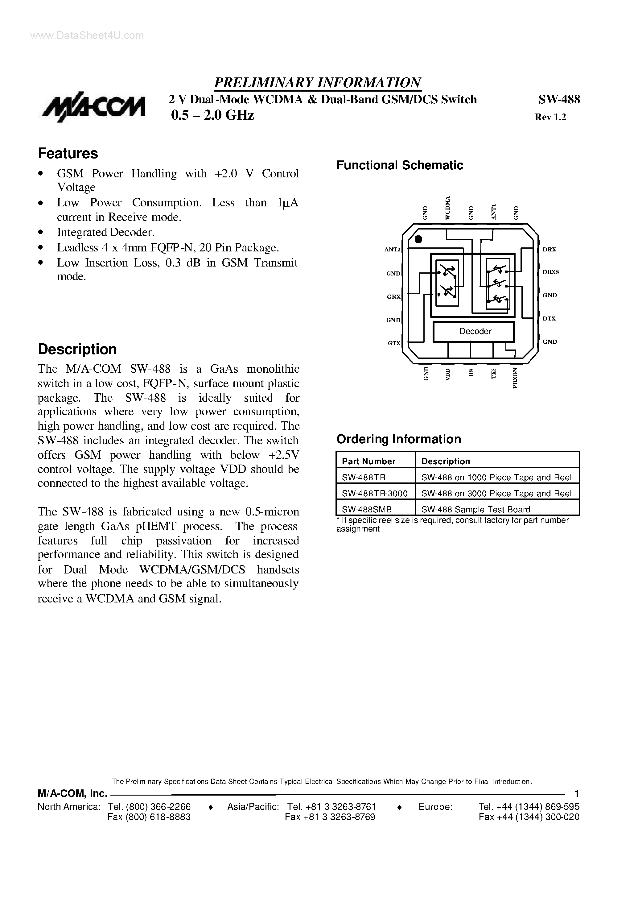 Даташит SW-488 - 2 V Dual-Mode WCDMA & Dual-Band GSM/DCS Switch страница 1