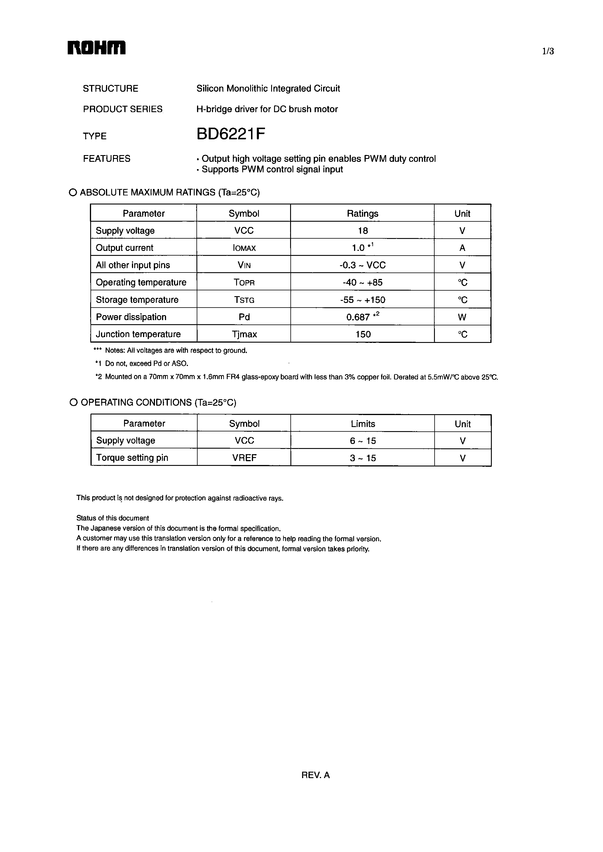 Даташит BD6221F - H-bridge driver страница 1