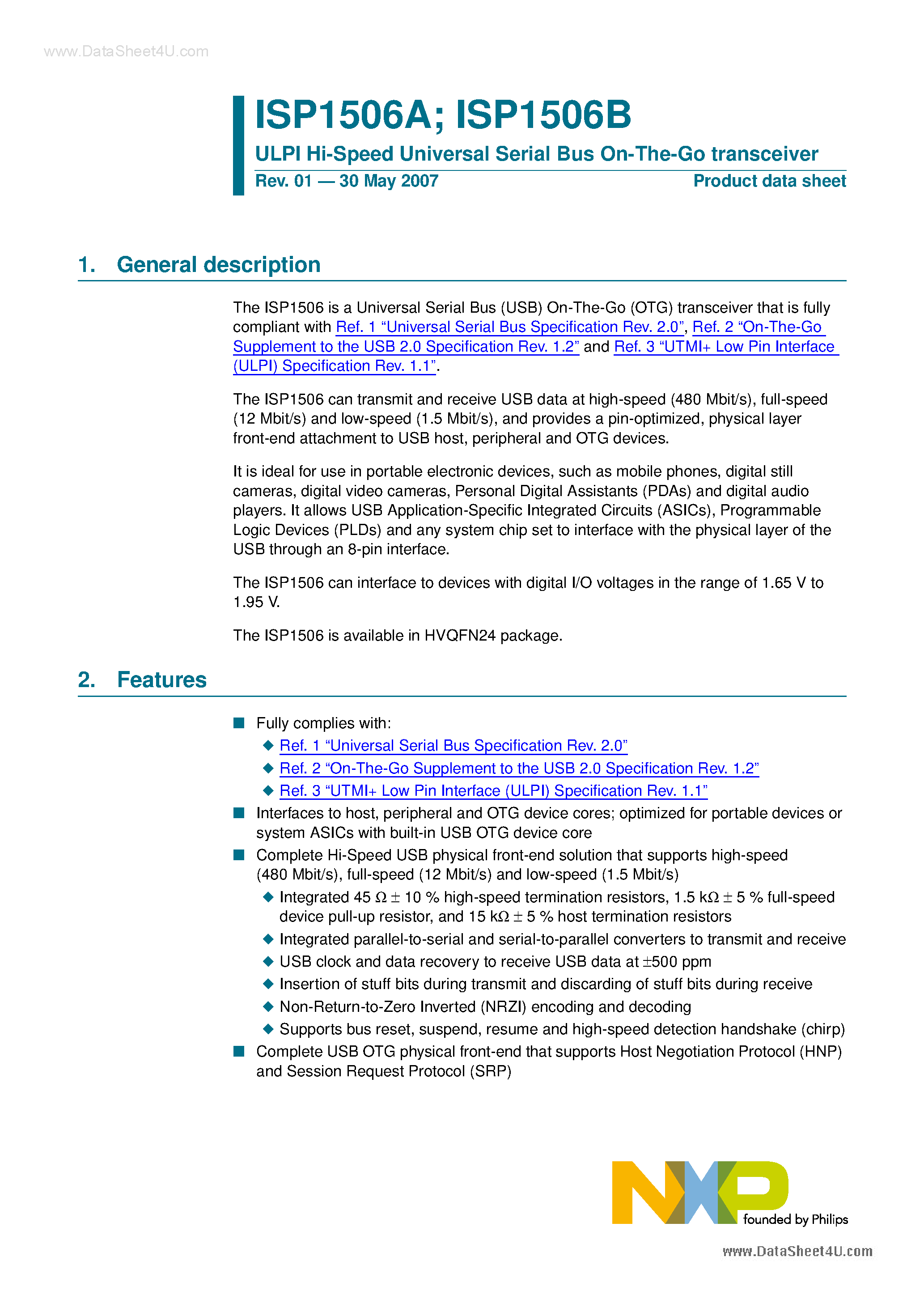 Datasheet ISP1506A - (ISP1506A/B) ULPI Hi-Speed Universal Serial Bus On-The-Go transceiver page 1