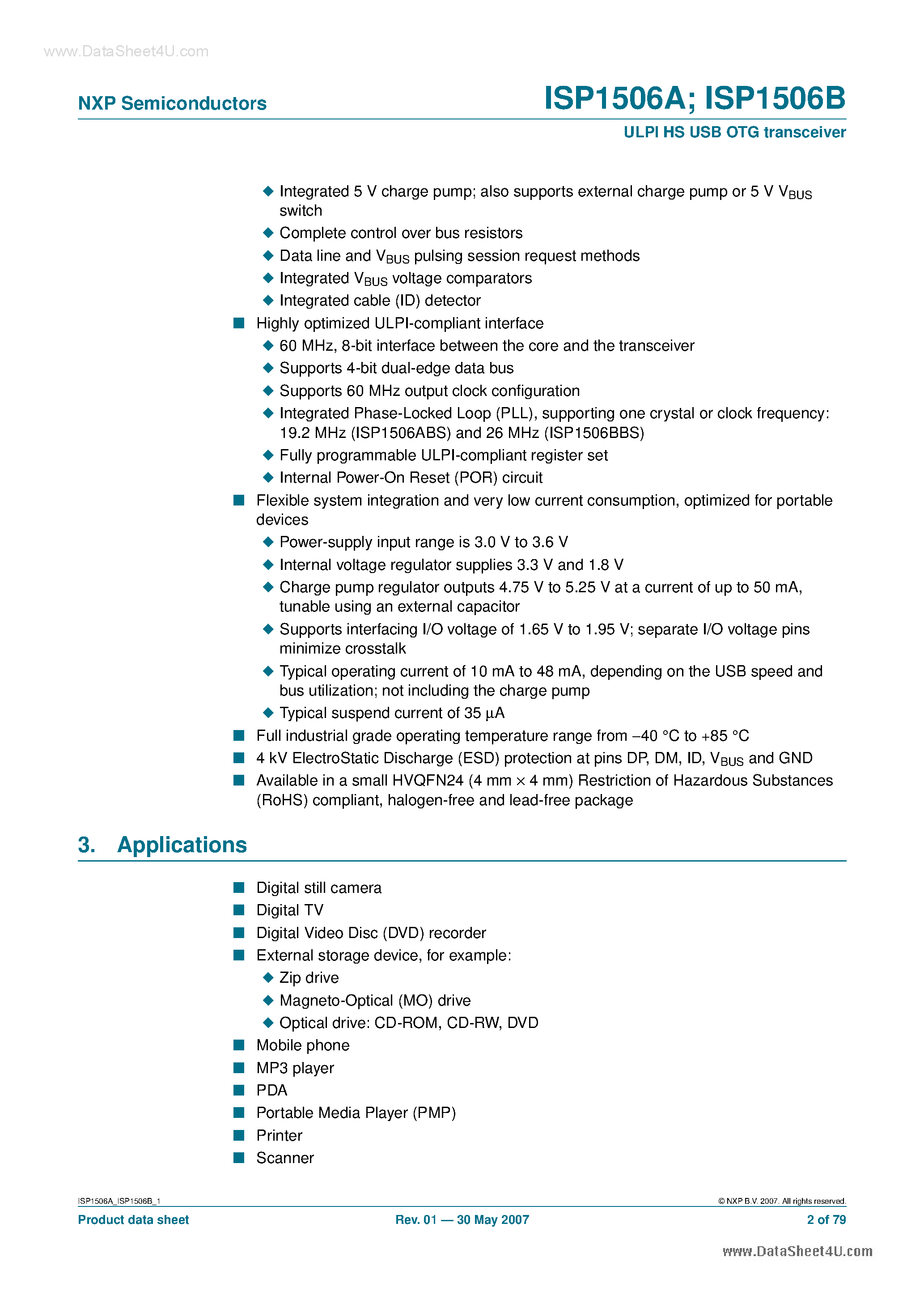 Datasheet ISP1506A - (ISP1506A/B) ULPI Hi-Speed Universal Serial Bus On-The-Go transceiver page 2