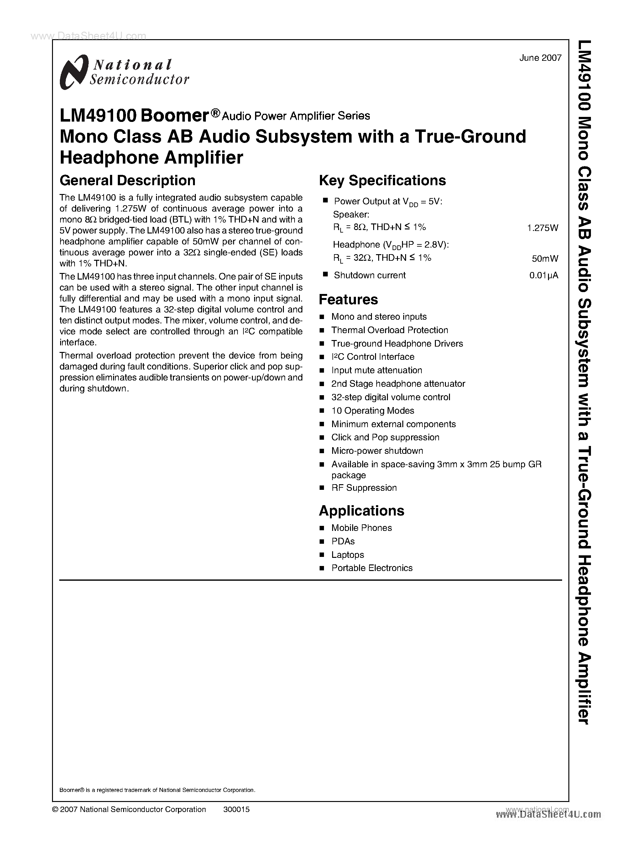 Даташит LM49100 - Mono Class AB Audio Subsystem страница 1