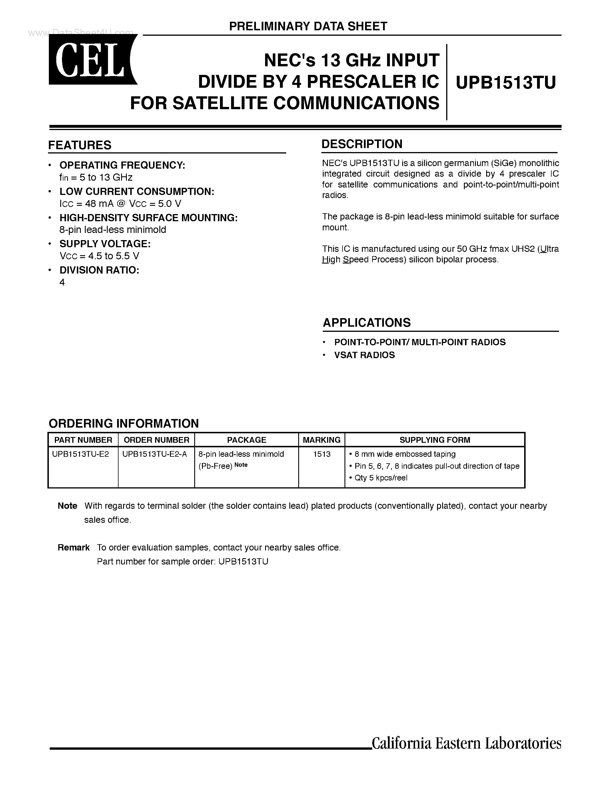 Datasheet UPB1513TU - FOR SATELLITE COMMUNICATIONS DIVIDE BY 4 PRESCALER IC page 1