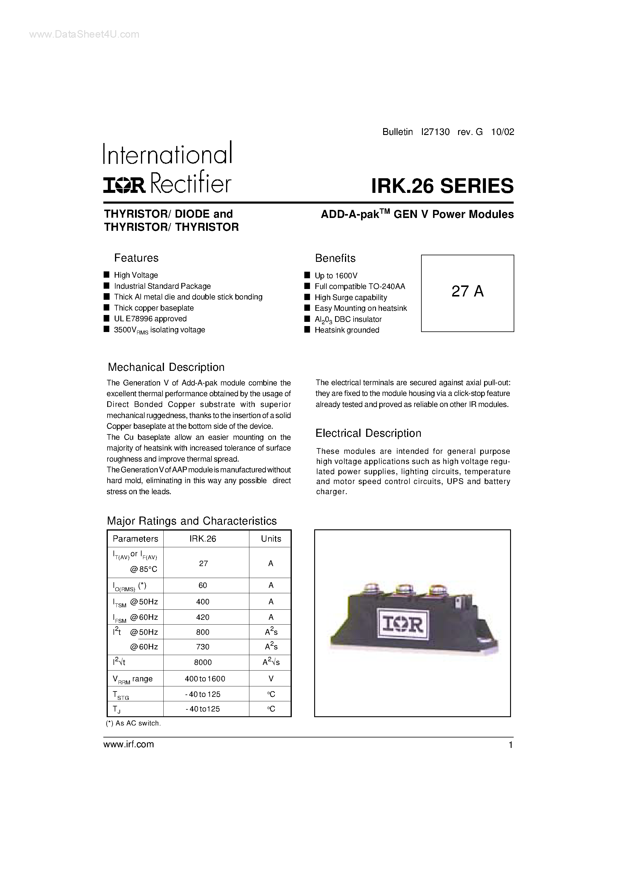 Datasheet IRK26 - ADD-A-pak-TM GEN V Power Modules page 1