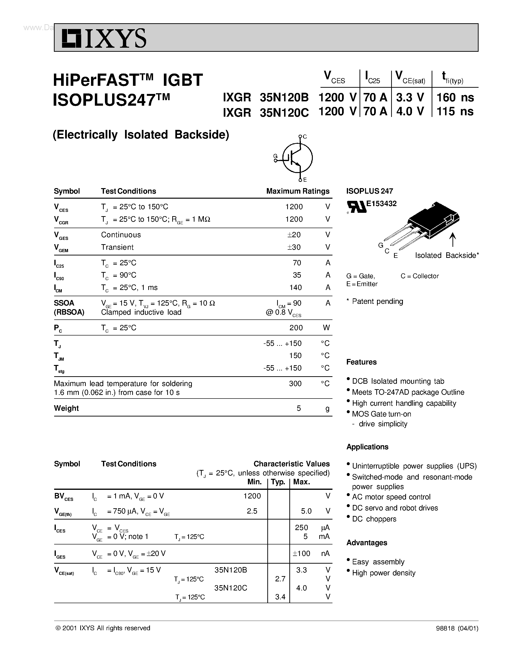 Datasheet IXGR35N120B - (IXGR35N120B/C) HiPerFAST IGBT ISOPLUS247 page 1