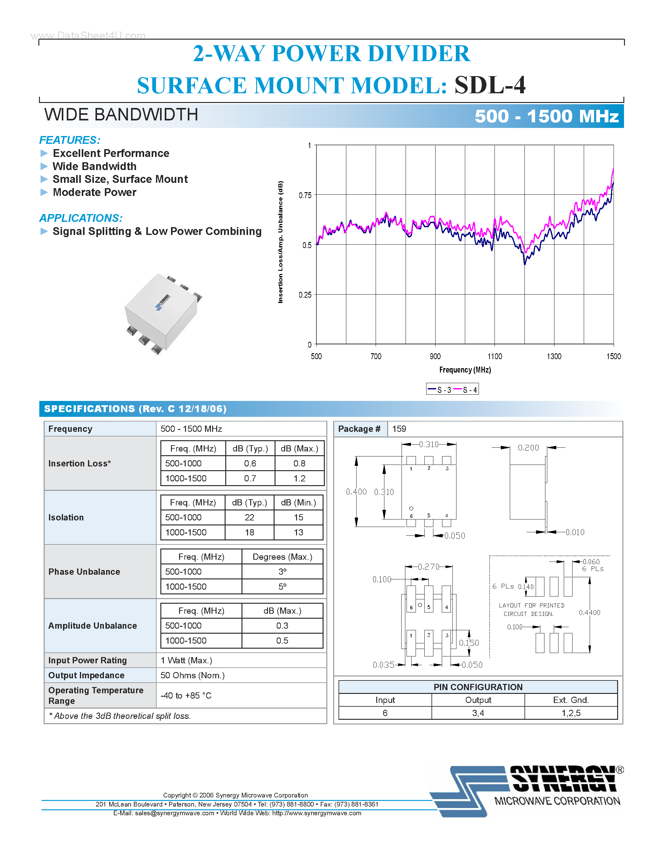 Даташит SDL-4 - 2-WAY POWER DIVIDER SURFACE MOUNT MODEL страница 1