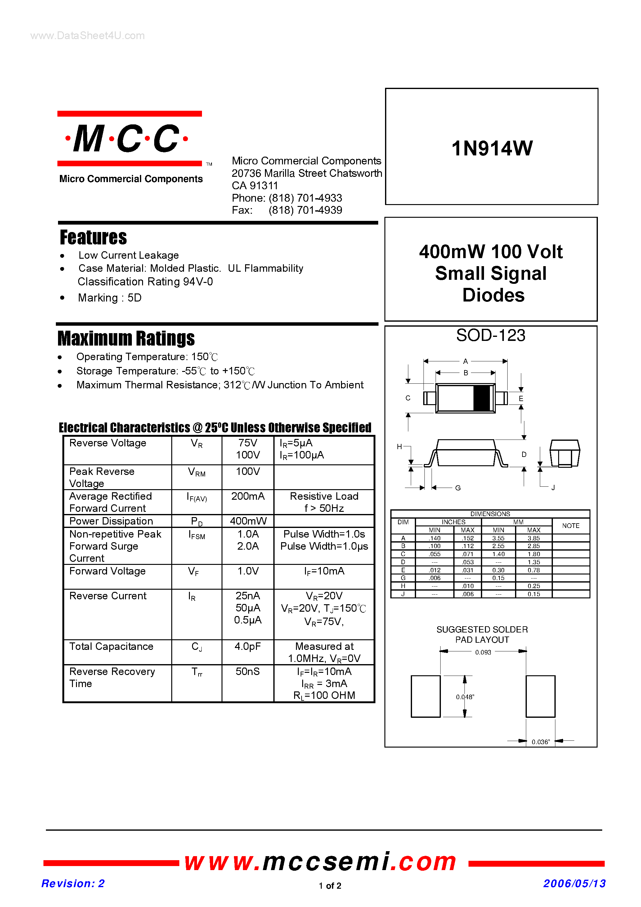 Даташит 1N914W - Small Signal Diodes страница 1