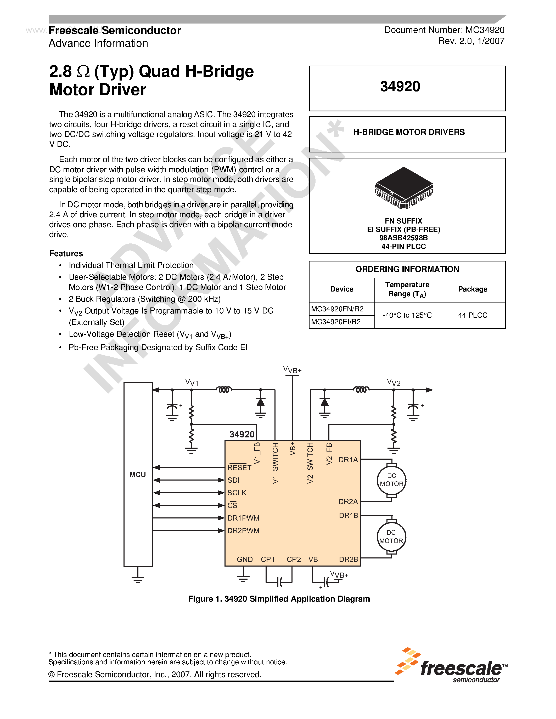 Даташит 34920 - Quad H-Bridge Motor Driver страница 1