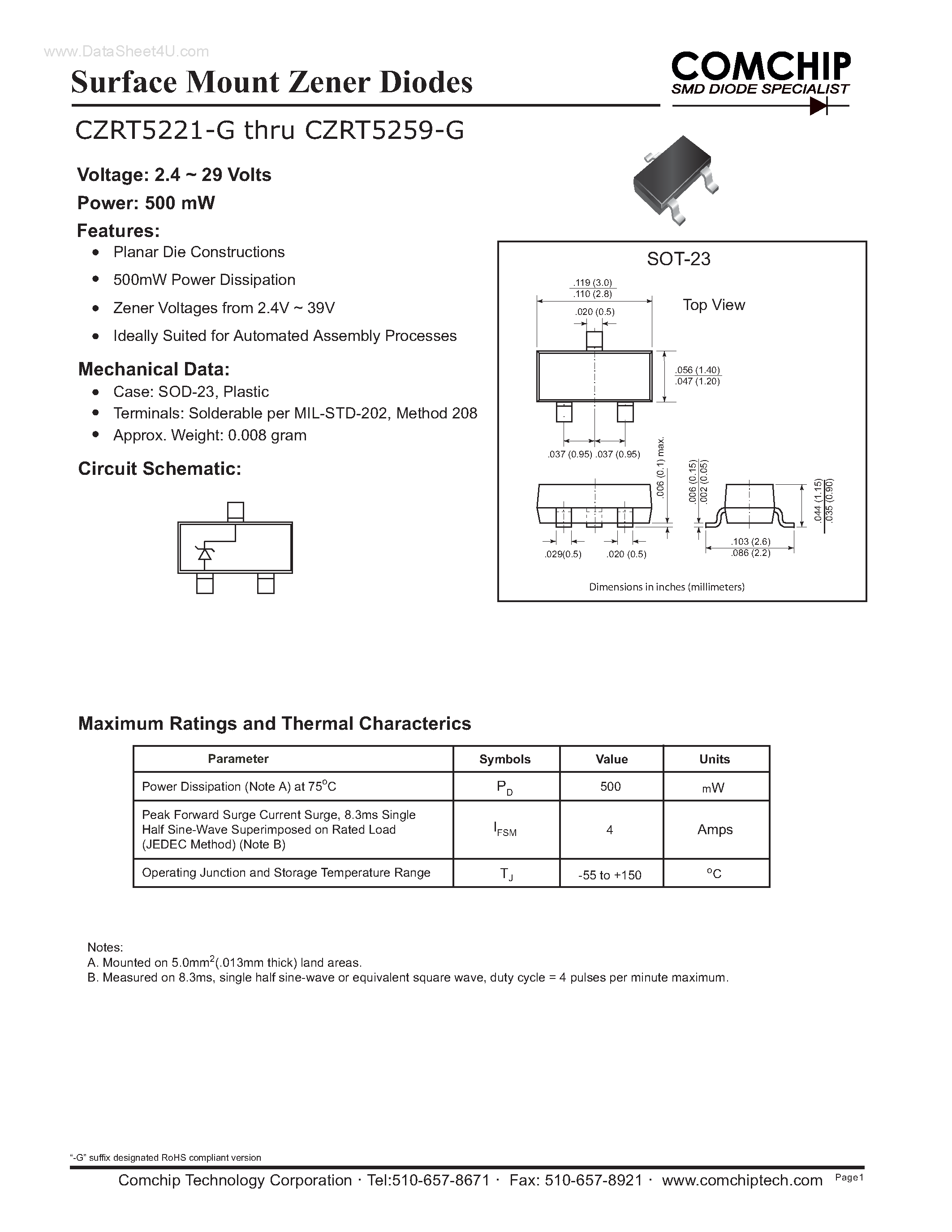 Datasheet CZRT5221-G - (CZRT5221-G - CZRT5259-G) Surface Mount Zener Diodes page 1