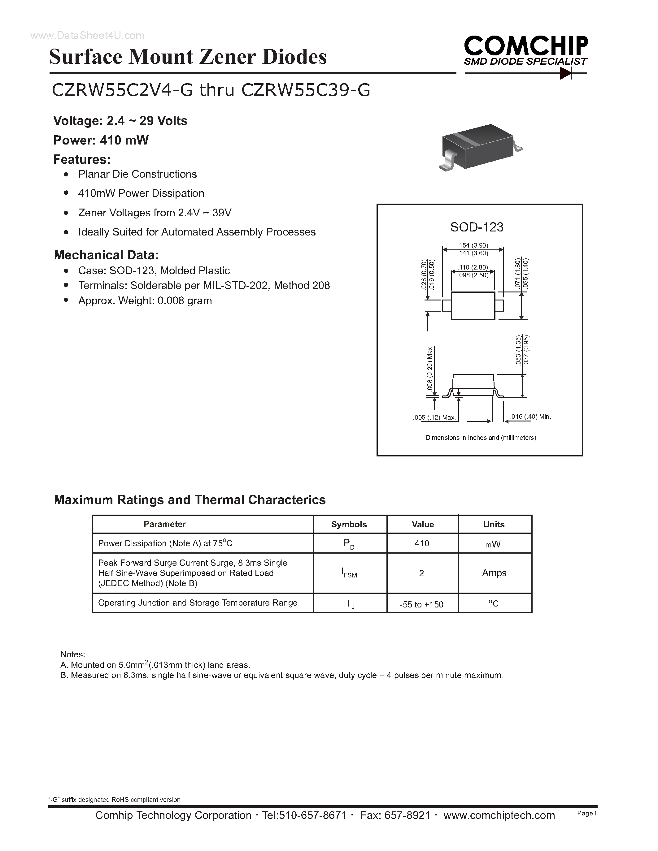 Datasheet CZRW55C10-G - (CZRW55C2V4-G -CZRW55C39-G) Surface Mount Zener Diodes page 1