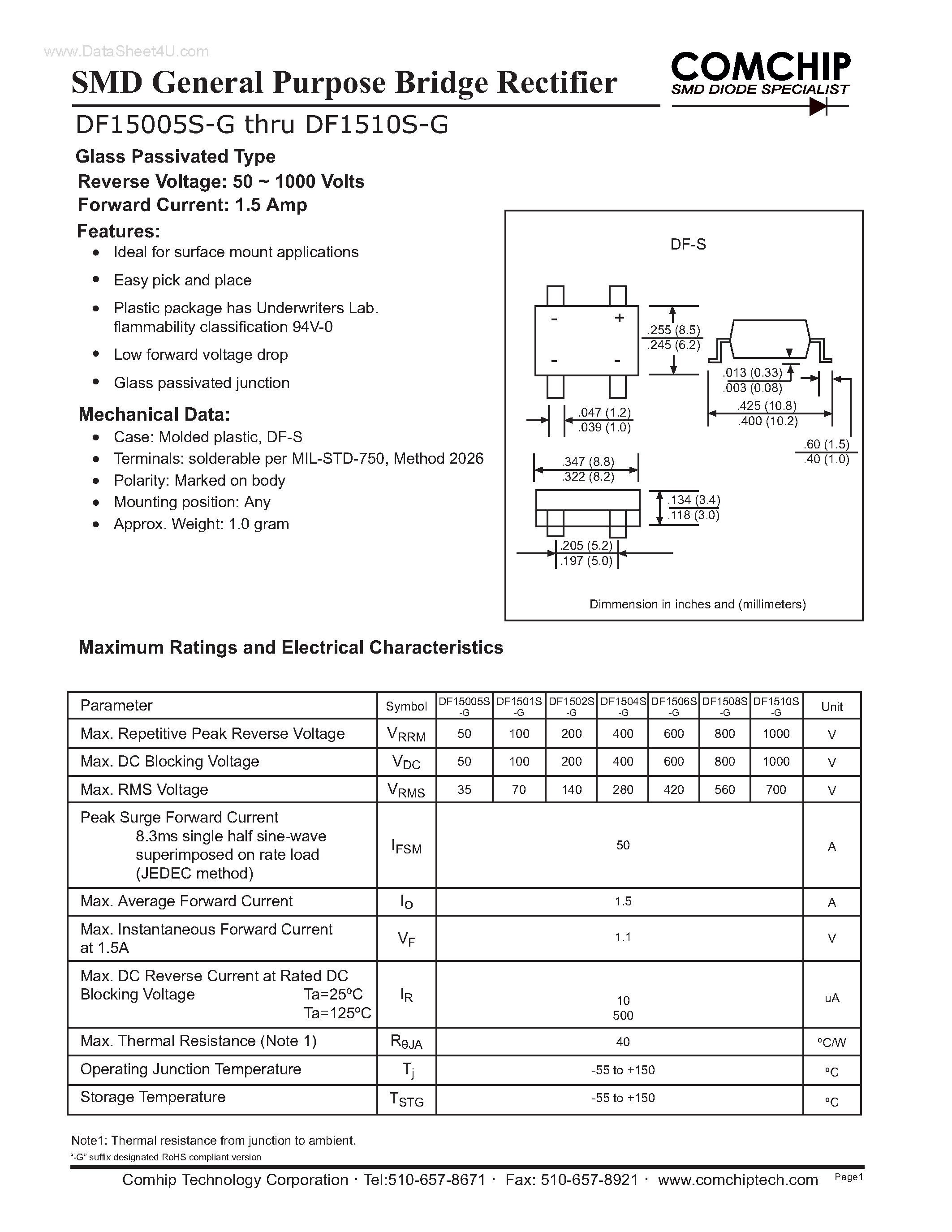 Даташит DF15005S-G - (DF15005S-G - DF1510S-G) SMD General Purpose Bridge Rectifier страница 1