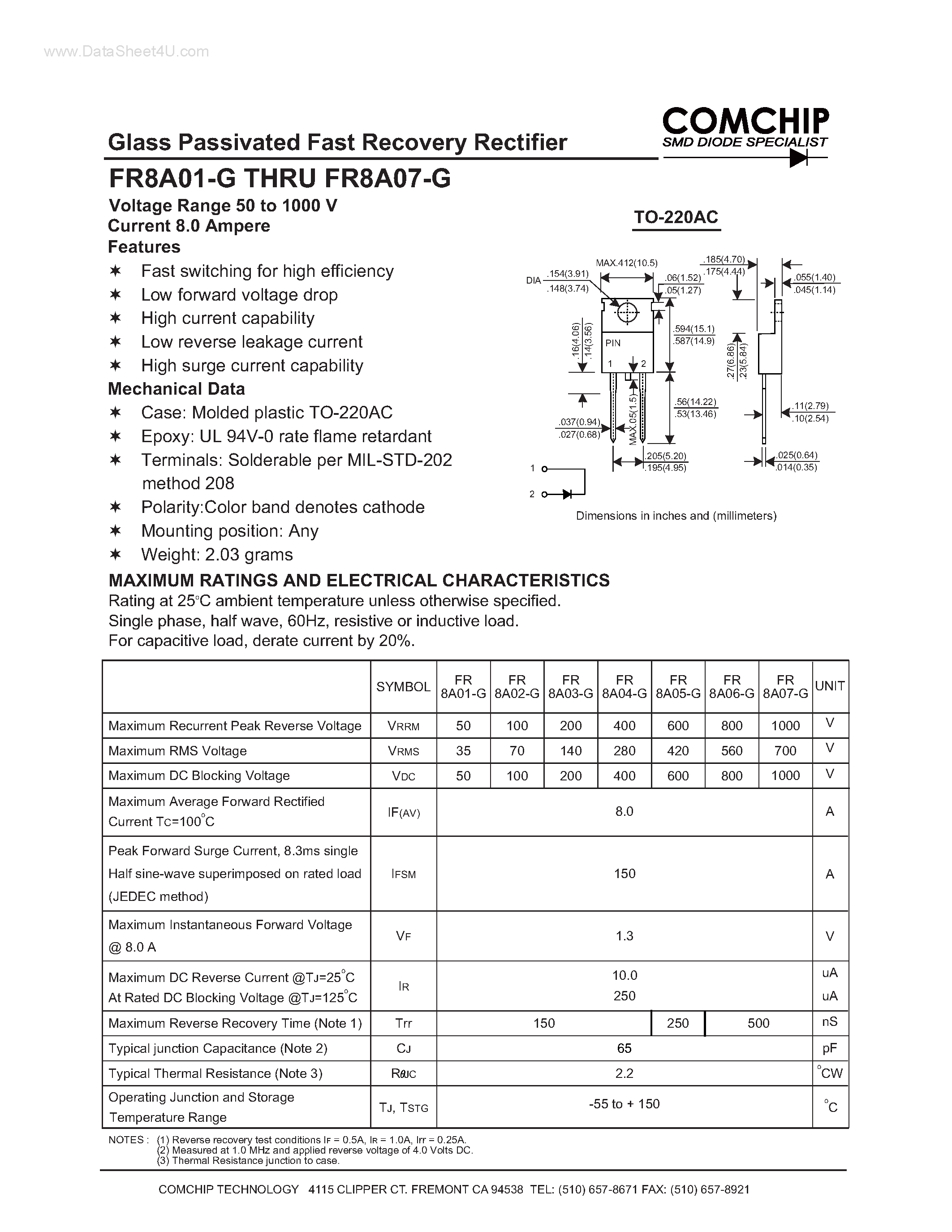 Даташит FR8A01-G - (FR8A01-G - FR8A07-G) Glass Passivated Fast Recovery Rectifier страница 1