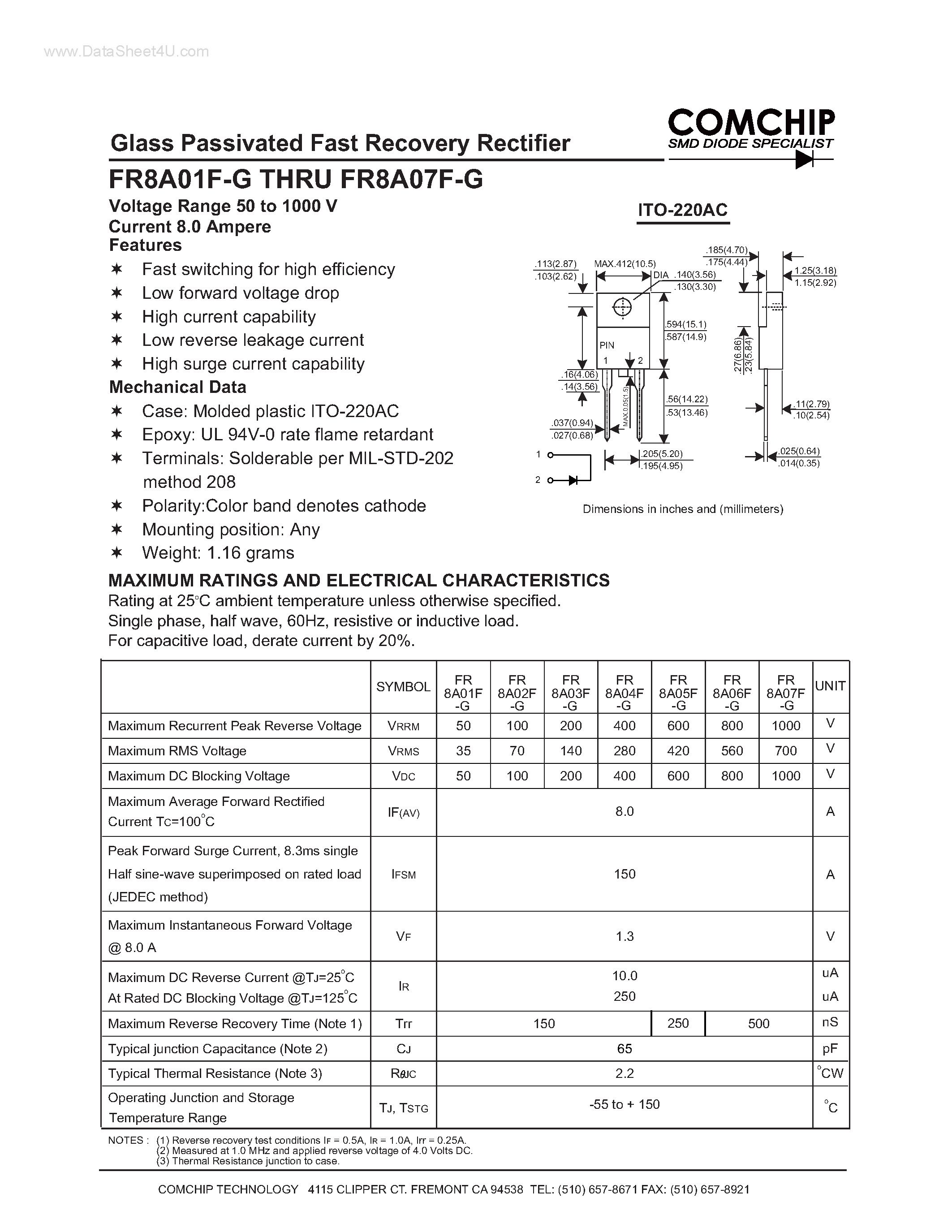 Даташит FR8A01F-G - (FR8A01F-G - FR8A07F-G) Glass Passivated Fast Recovery Rectifier страница 1