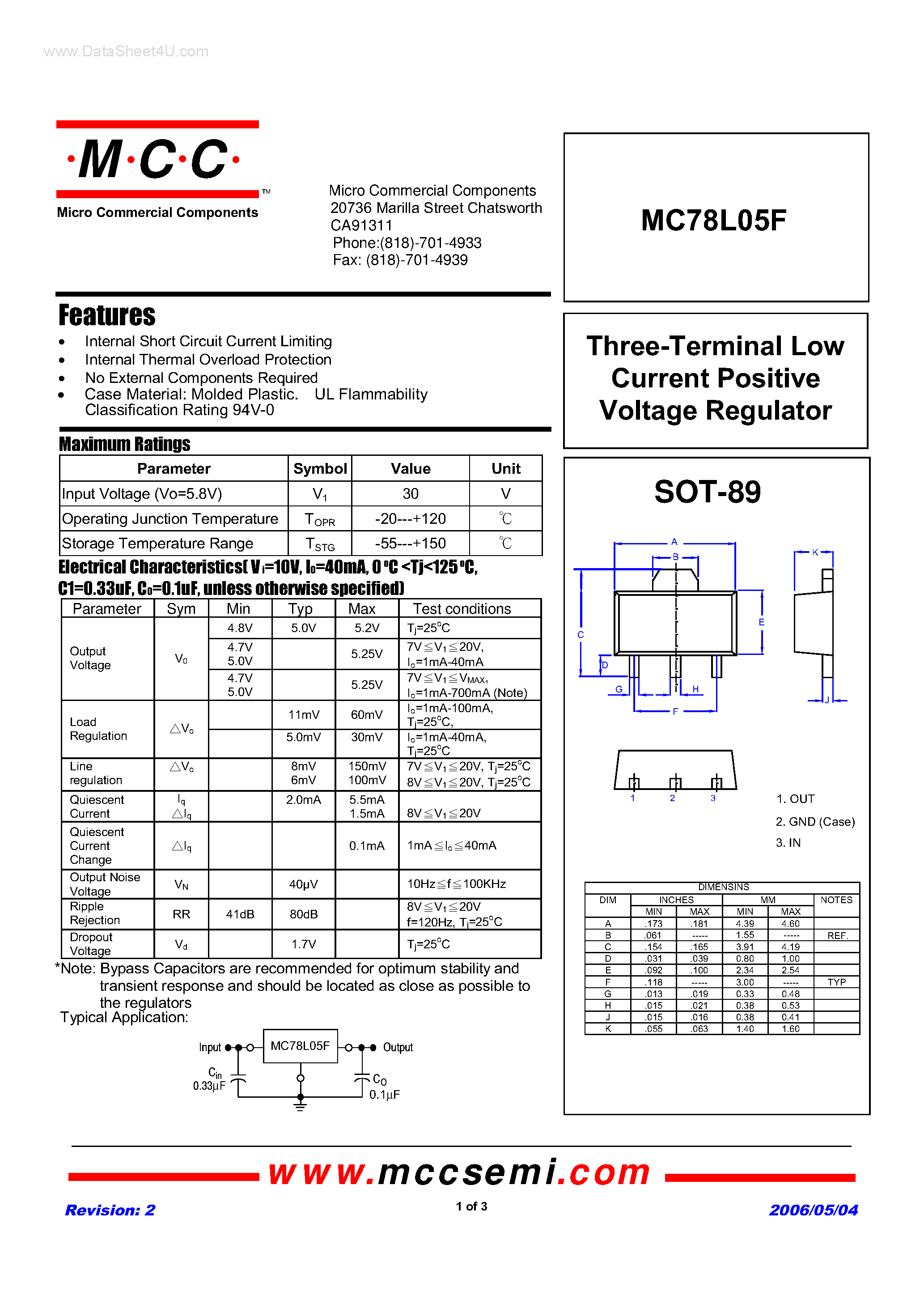 Даташит MC78L05F - Three-Terminal Low Current Positive Voltage Regulator страница 1