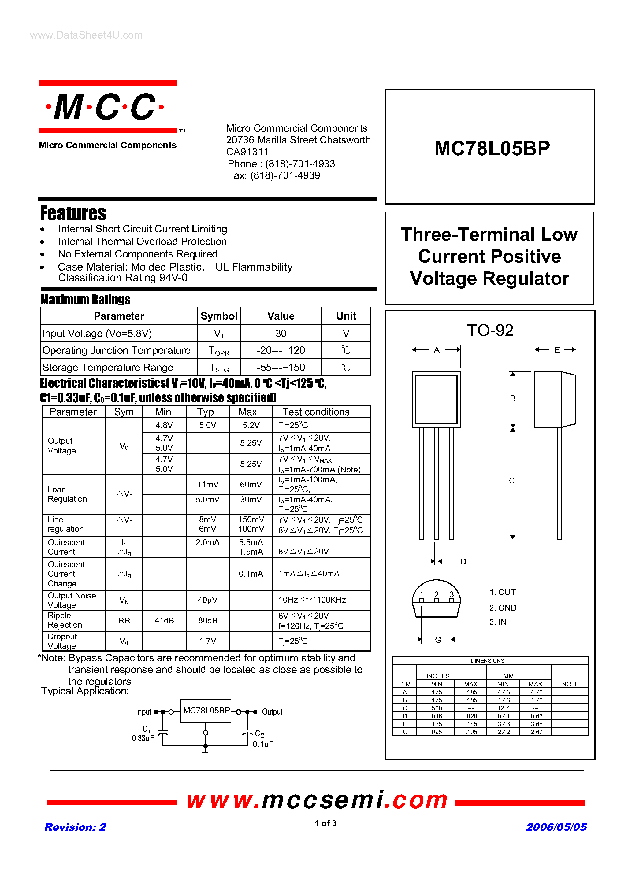 Даташит MC78L05BP - Three-Terminal Low Current Positive Voltage Regulator страница 1