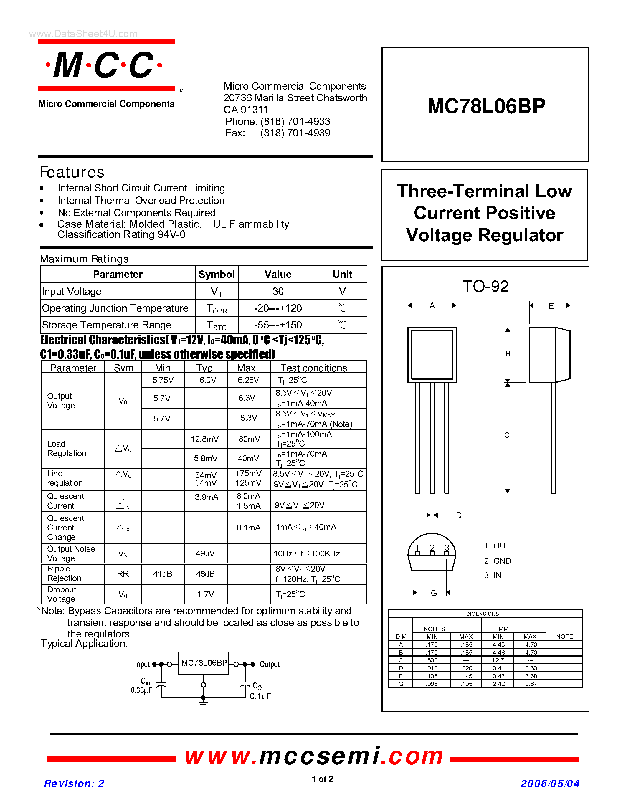 Datasheet MC78L06BP - Three-Terminal Low Current Positive Voltage Regulator page 1