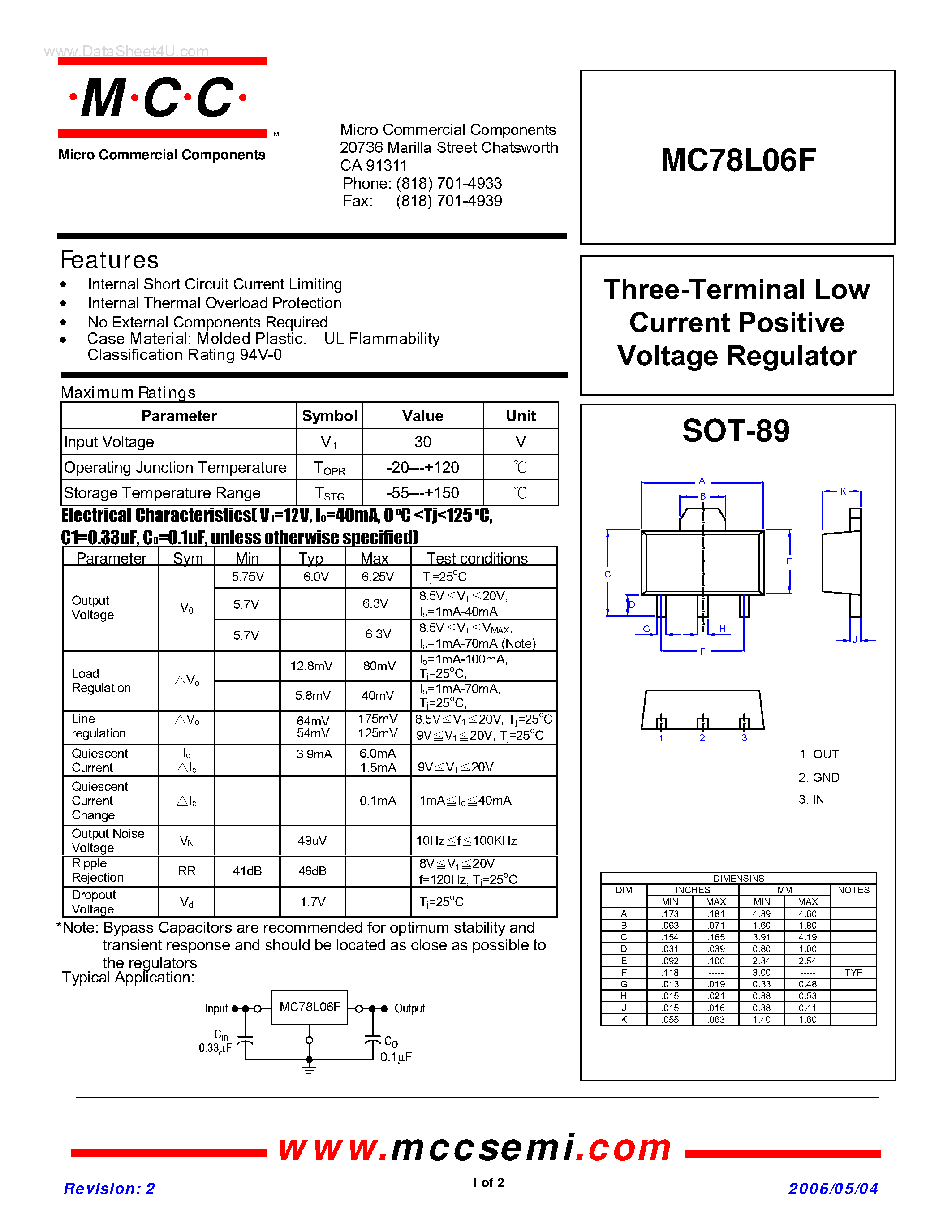 Datasheet MC78L06F - Three-Terminal Low Current Positive Voltage Regulator page 1